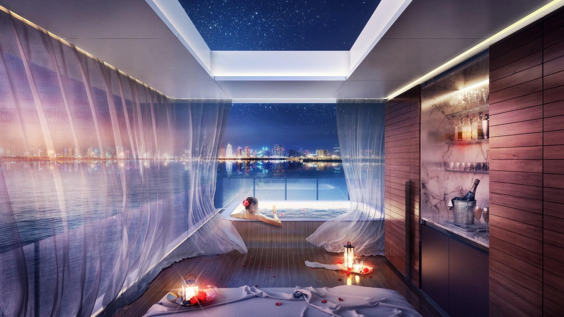 Øverste dæk er soldæk, jacuzzi og bar. Illustration: Kleindienst Group.