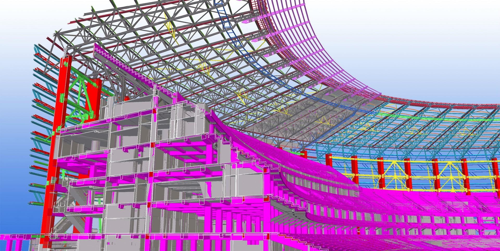 BIM var et stort aktiv for projektet omkring Bakus olympiske stadion, eftersom det praktisk talt var uladsiggørligt for parterne at mødes ansigt til ansigt. Illustration: Tekla Corporation.