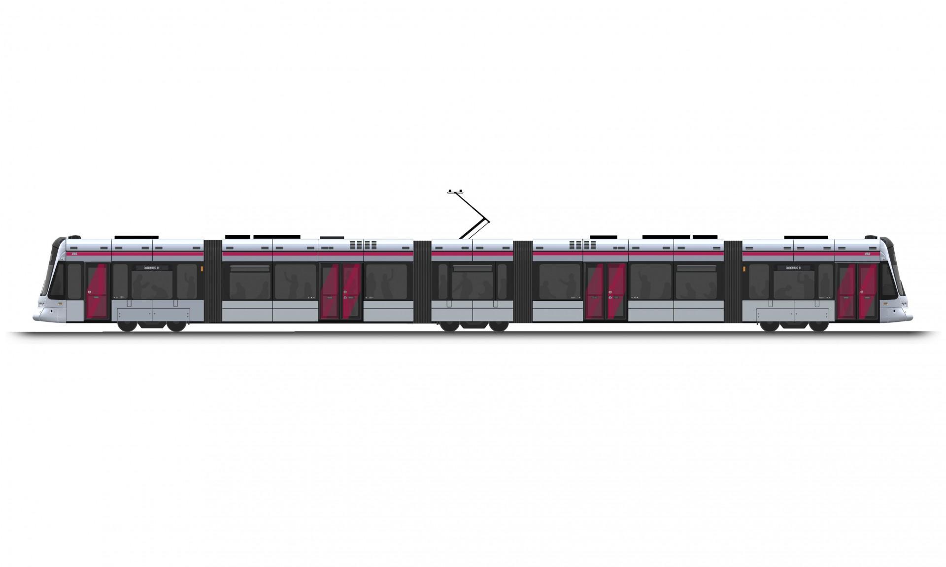 Sporvognene (trams) vil især køre på den indre strækning i Aarhus og til Odder og er derfor indrettet med mange ståpladser og færre siddepladser samt centralt placerede dobbeltdøre, så passagerer hurtigt kan stige på og af. Denne type har en længde på 32,3 meter, kan køre 80 km/t og har plads til 224 passagerer. Illustration: Aarhus Letbane.