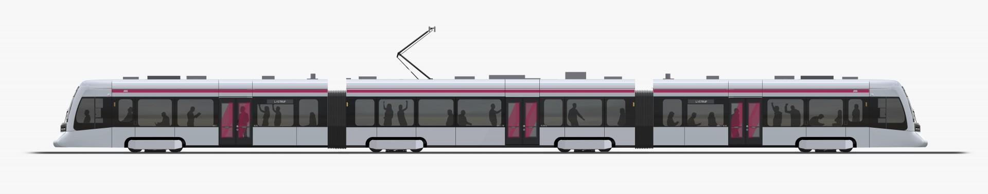 Letbanetogene (tram-trains) vil især køre på de lange stræk til Grenaa, hvor passagererne sidder længere tid i toget. Derfor er der mange siddepladser og færre ståpladser. Desuden er sæderne mere komfortable, ligesom togene har luftaffjedring. Denne type har en længde på 39,2 meter, kan køre 100 km/t og har plads til 266 passagerer. Illustration: Aarhus Letbane.