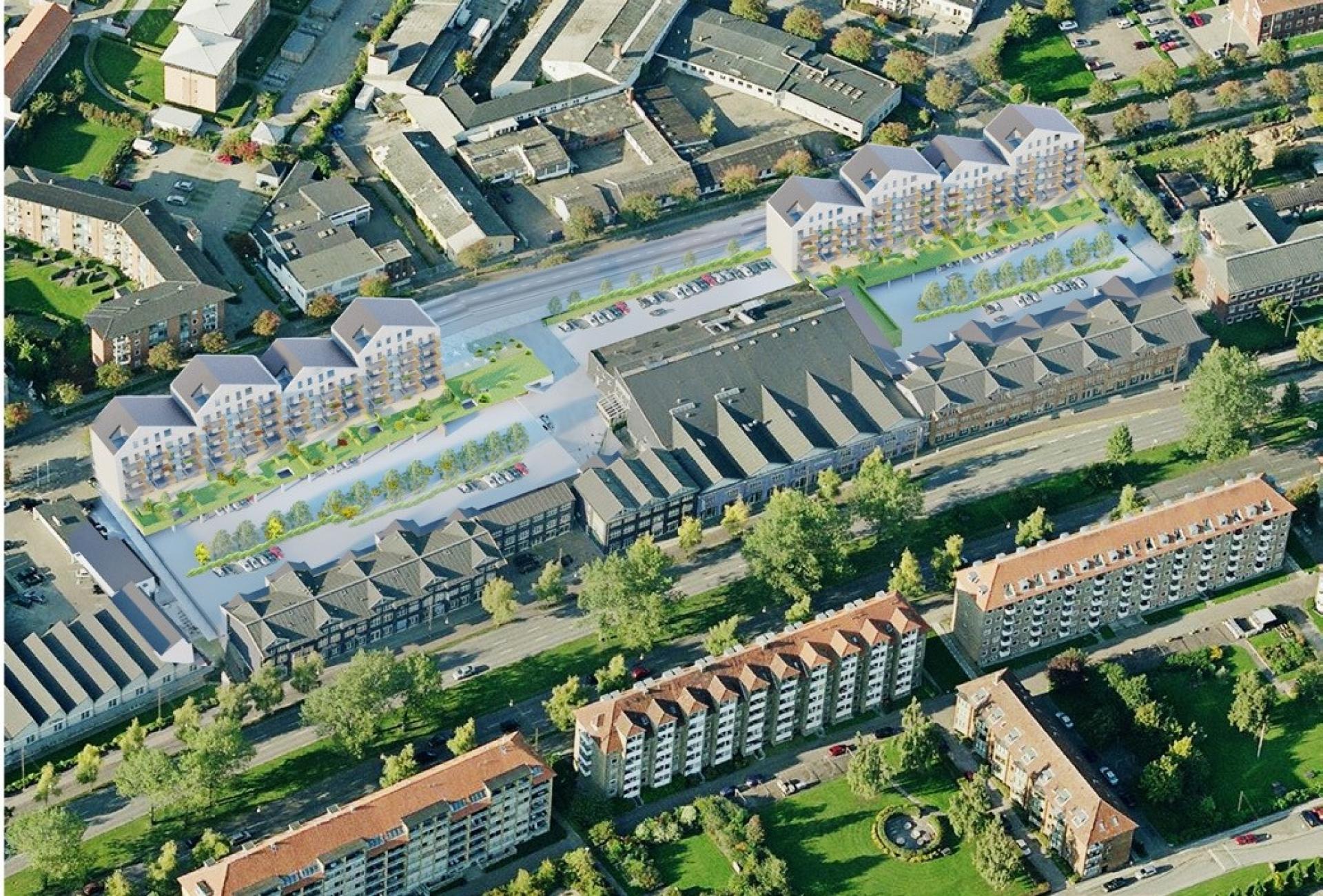 Bebyggelsen skal opføres omtrent en kilometer nord for Aarhus centrum og ganske nær ved Aarhus Universitet og Statsbiblioteket. Illustration fra debatoplægget for rammeområde 14.01.15 ce.