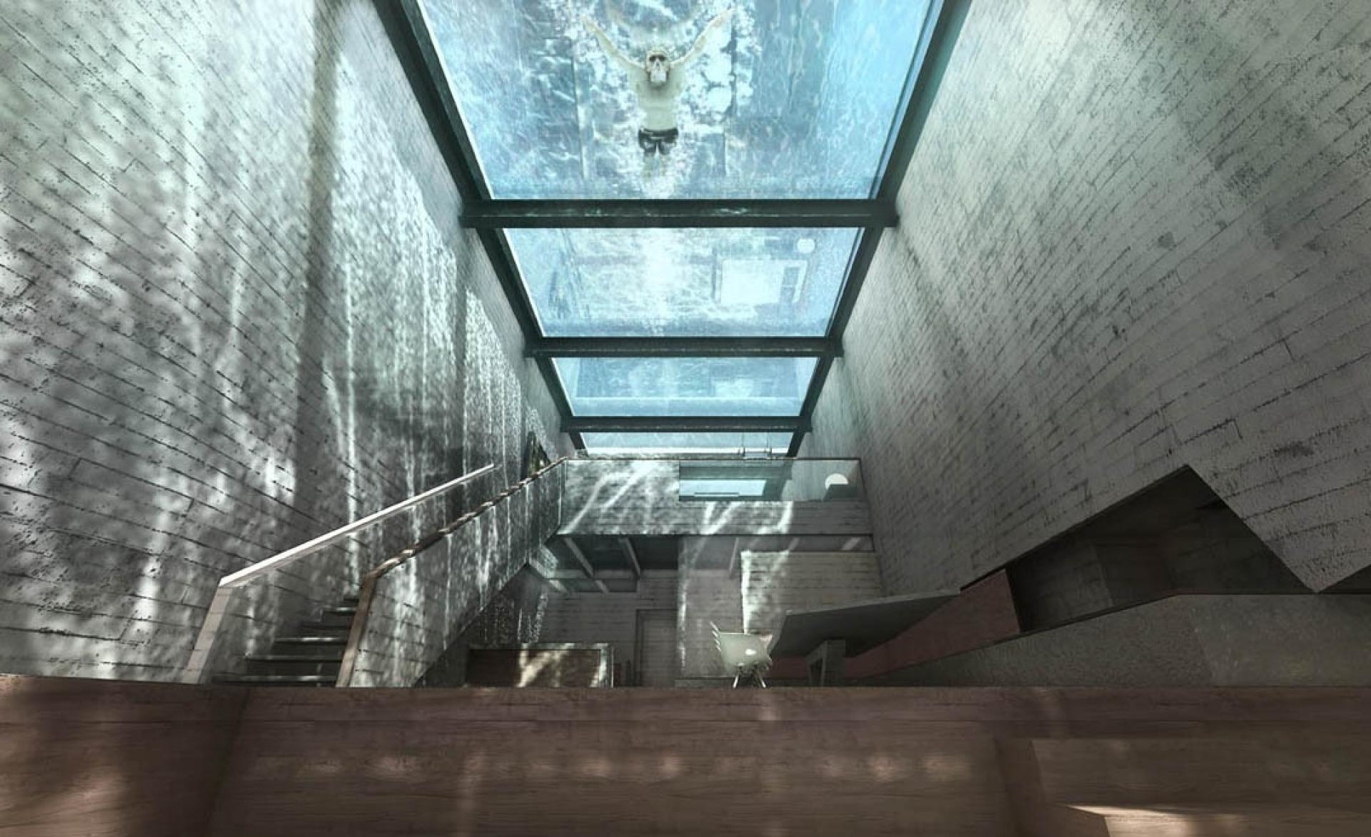 Taget er armeret glas og swimmingpool. Visualisering: opaworks.com.