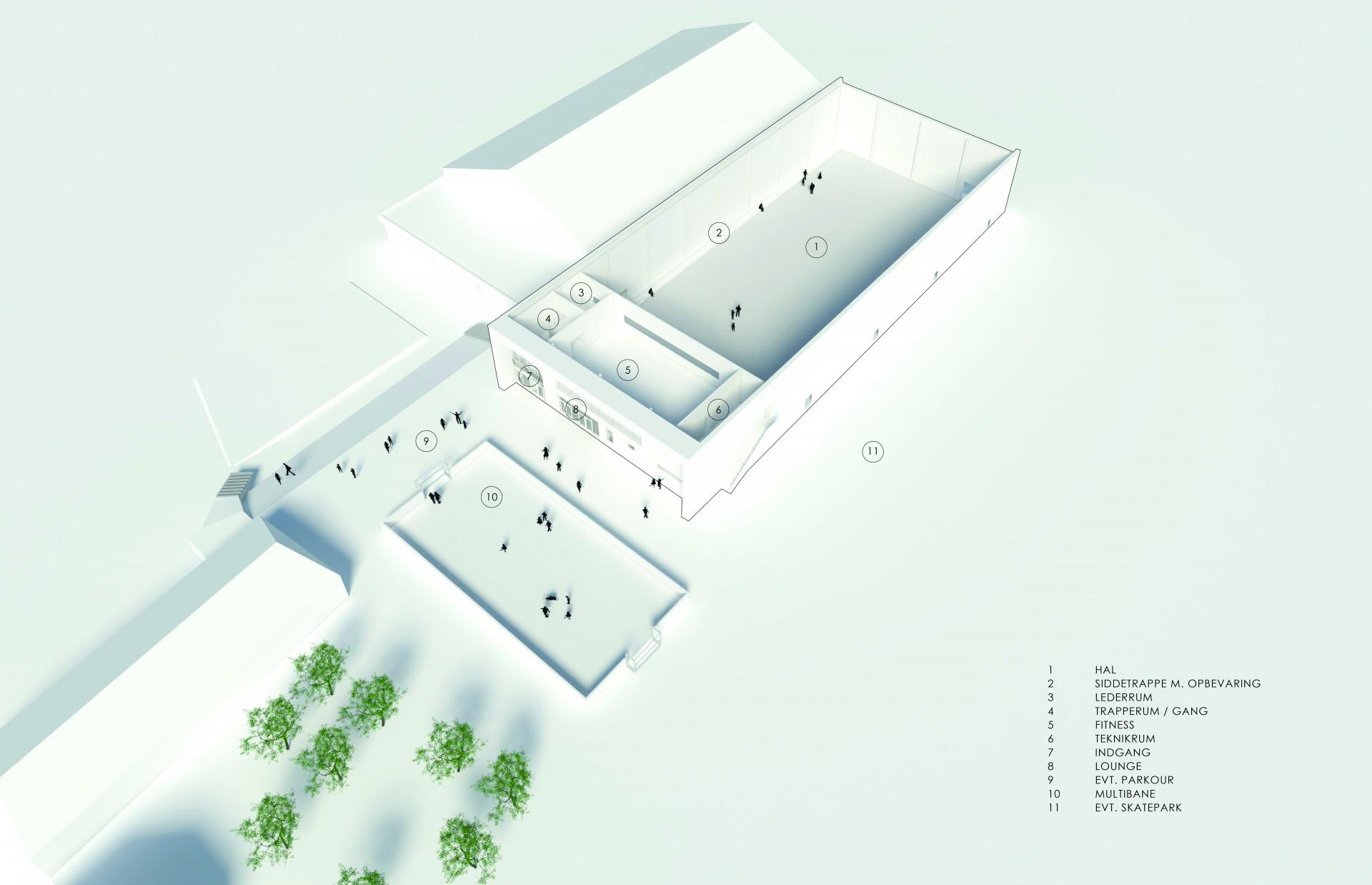 Den nye hal i Rønde skal bygges sammen med en eksisterende hal. Illustration: GPP Arkitekter.