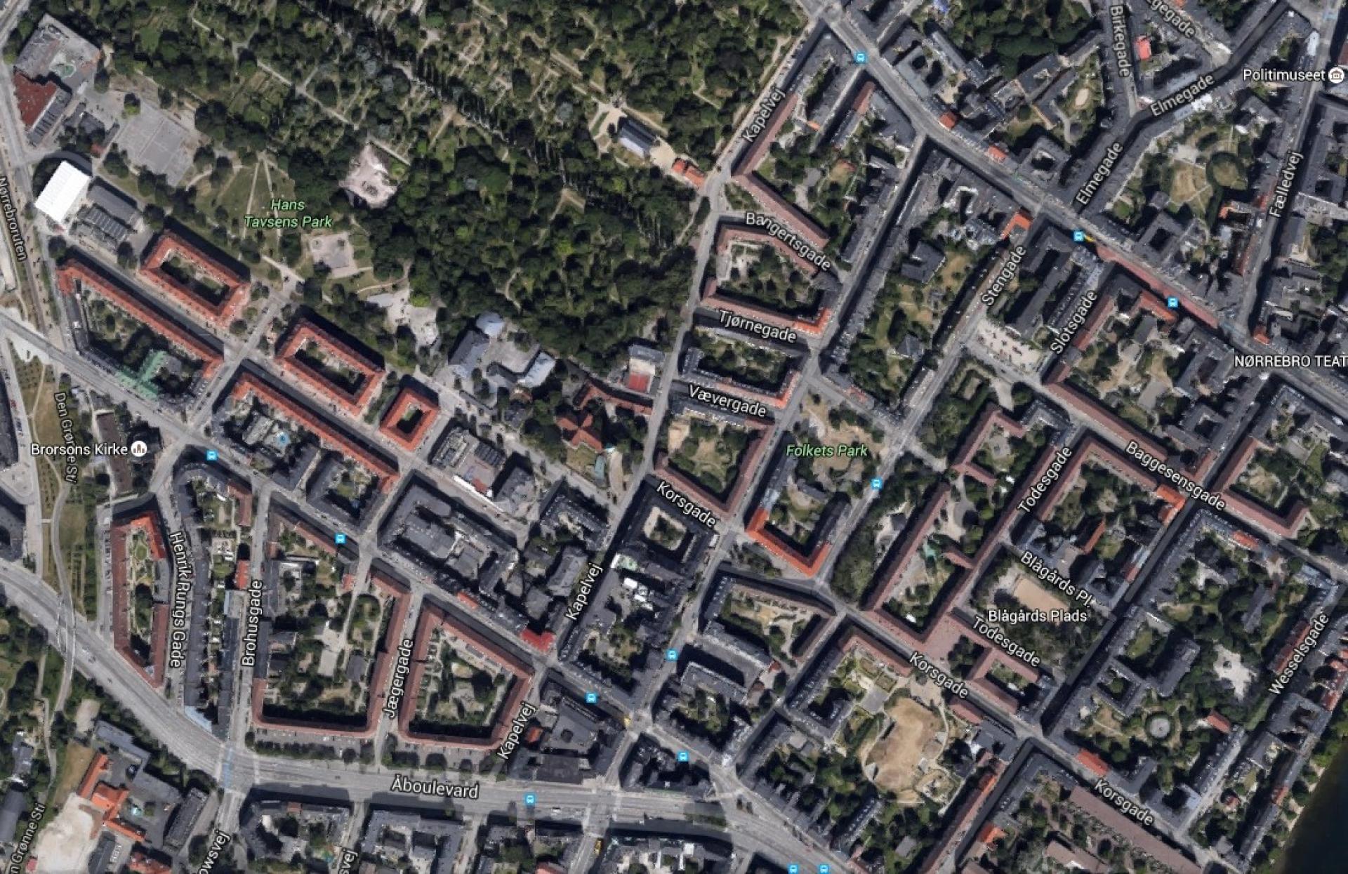 Området omkring Hans Tavsens Park og Korsgade på Nørrebro huser 25.000 mennesker og indgår som et byudviklingsprojekt i Nordic Built Cities Challenge. Screendump fra Google Maps.