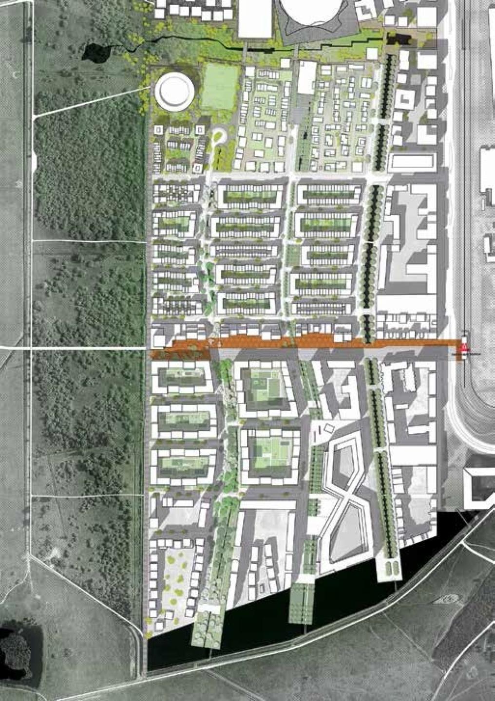 Den nye, runde skole til 421 mio. kr. placeres i kanten af Ørestad Syd - den ses her øverst til venstre i byplanområdet. Illustration: Transform.