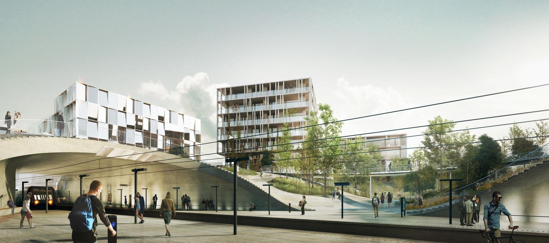 Stationen i Vinge forventes at stå færdig i 2017. Illustration: Henning Larsen Architects og Tredje Natur.