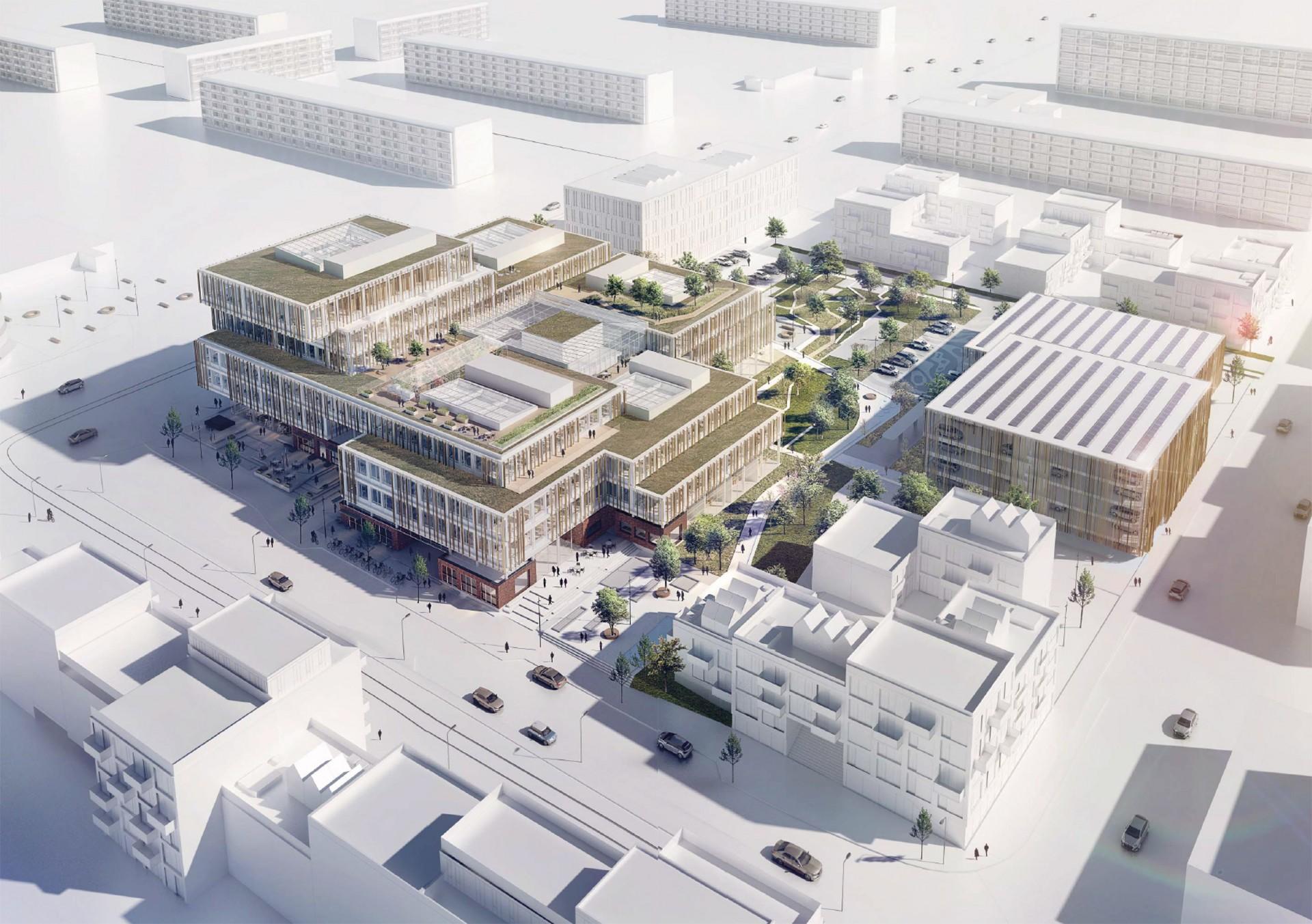 Opførelsen af en ny, stor kommunal bygning i Gellerup ved Aarhus er en del af Aarhus Kommunes strategi for at komme sociale problemer til livs i bydelen. Illustration: Arkitema Architects.