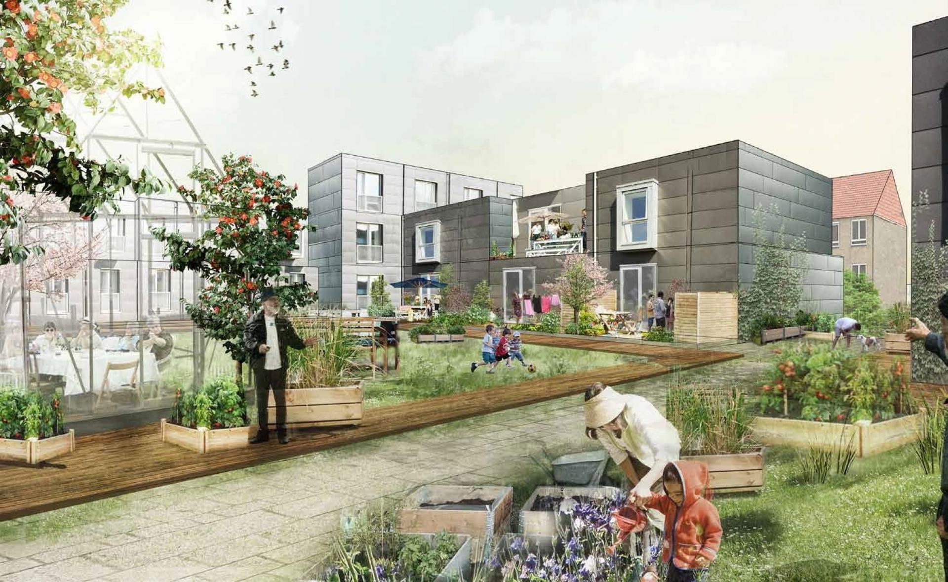 Ovenpå detailhandelen langs Hvidovrevej foreslås opførelse af en blanding af ældreboliger, ungdomsboliger og rækkehuse. Illustration: Tegnestuen Vandkunsten.