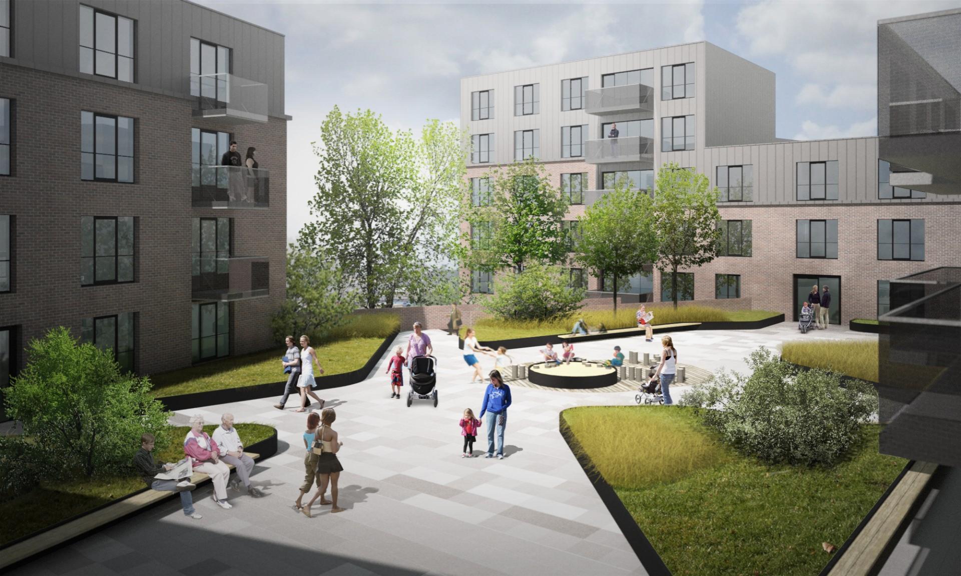 Et hævet gårdrum i førstesals højde skal være med til at gøre byggeriet attraktivt. Illustration: Entasis.