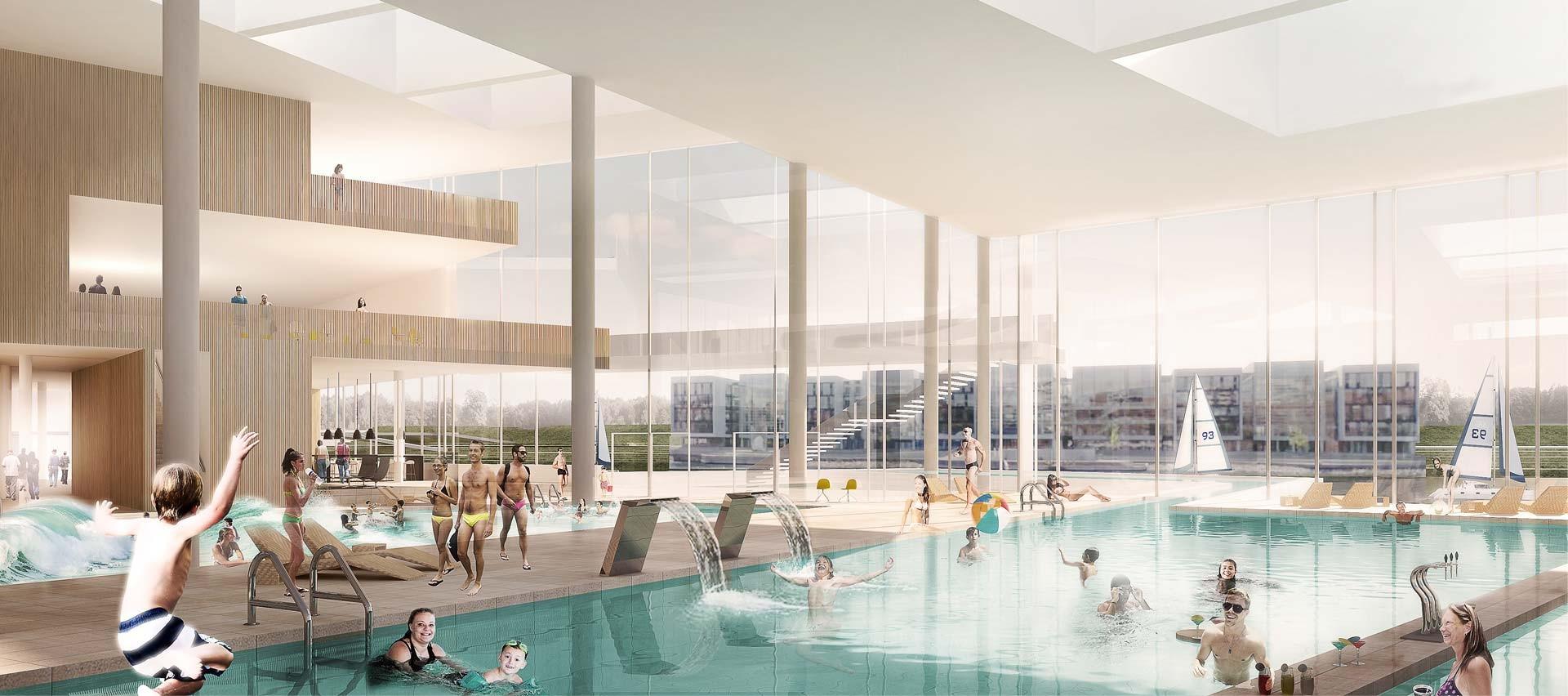 Der er tale om et hotel-, spa- og konferencekompleks, og det skal efter planen stå færdigt i slutningen af 2018. Illustration: Henning Larsen Architects.