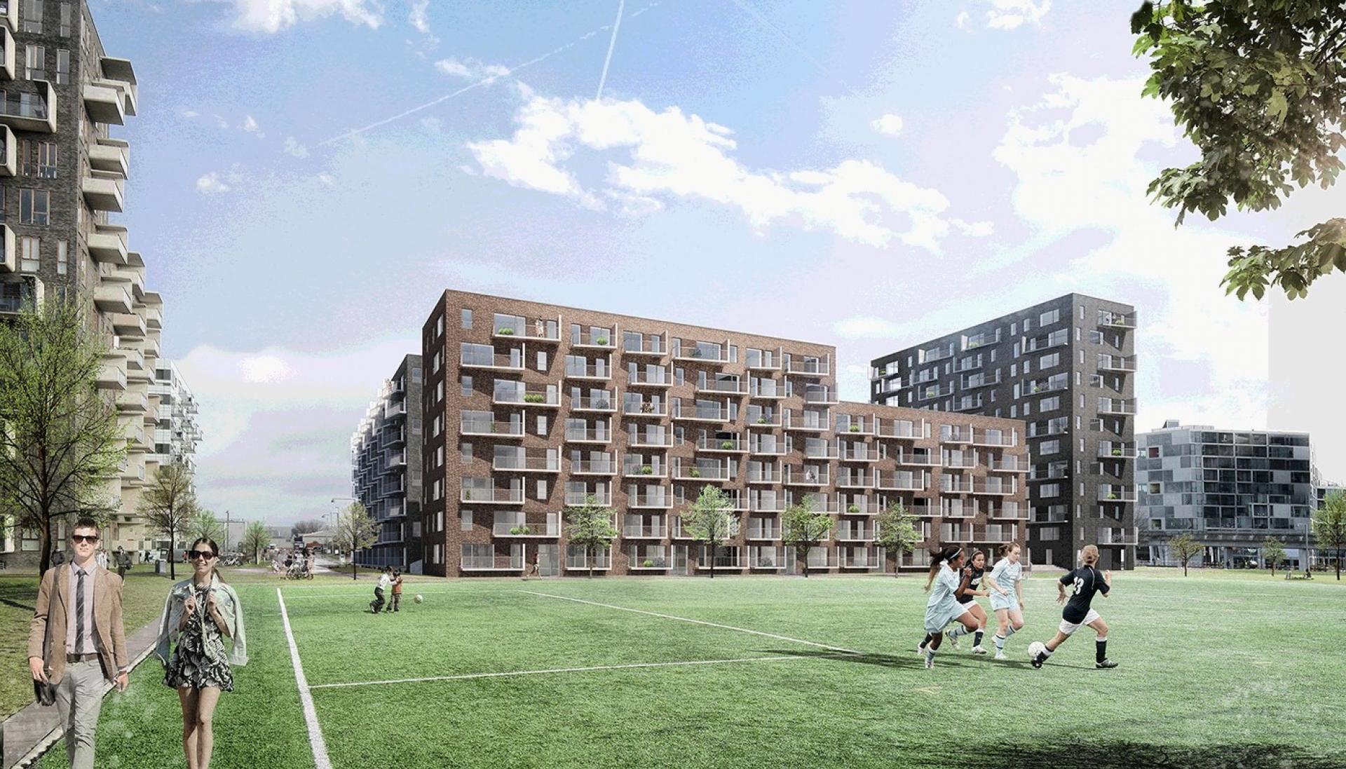 Det er Skanska, der opfører 300 lejeboliger på hjørnegrunden op mod parken. Illustration: Skanska/Vilhelm Lauritzen Arkitekter.