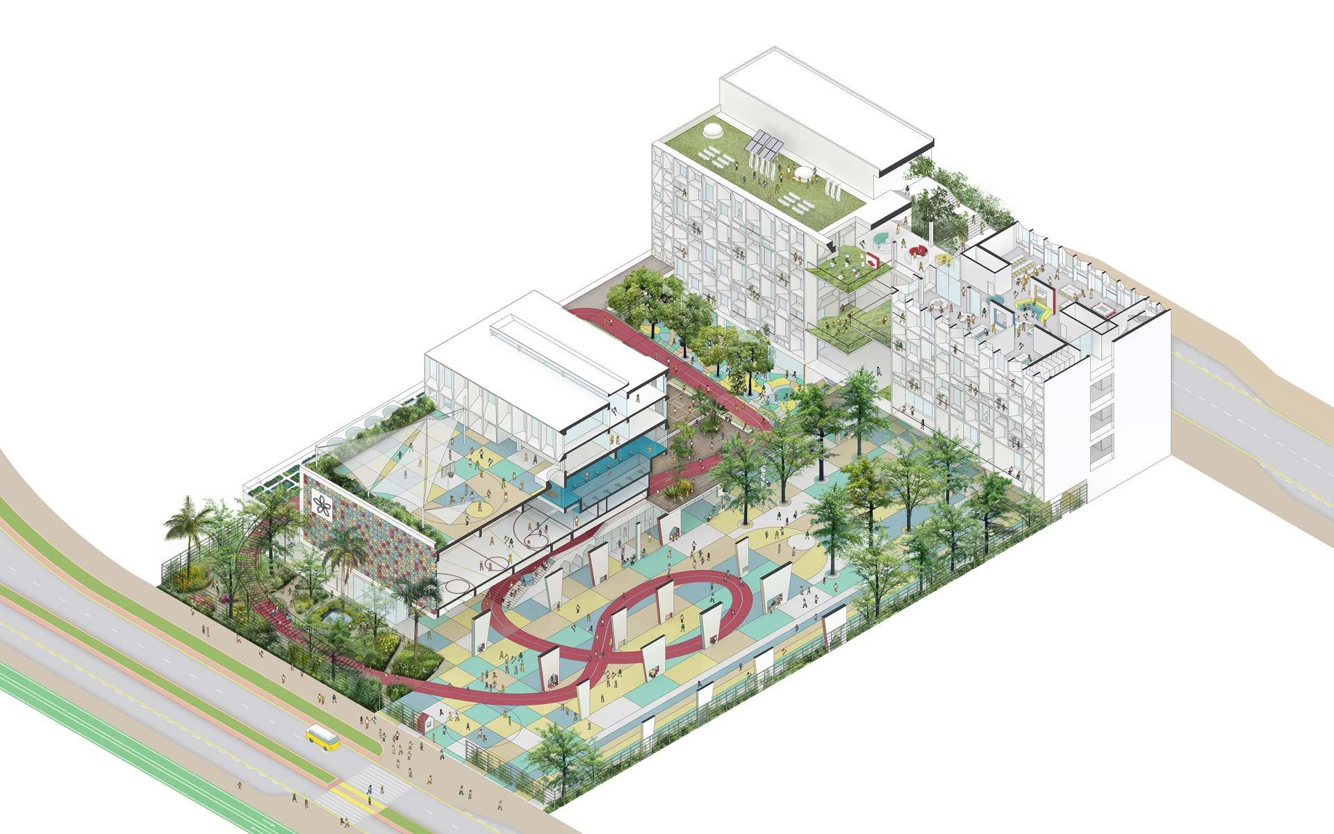 Skolens facade består af 1050 farvede keramiske solafskærmningsfliser, der alle er dekoreret af skolens elever. Illustration: Henning Larsen Architects.