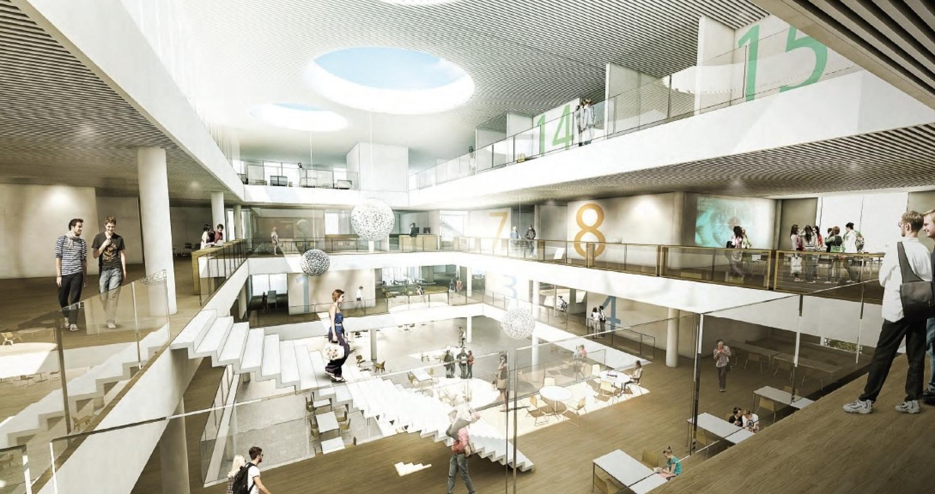 Campusbygningen bliver et viden- og kulturcenter, der er åbent for alle ? fra morgen til aften. Illustration: Cubo Arkitekter.
