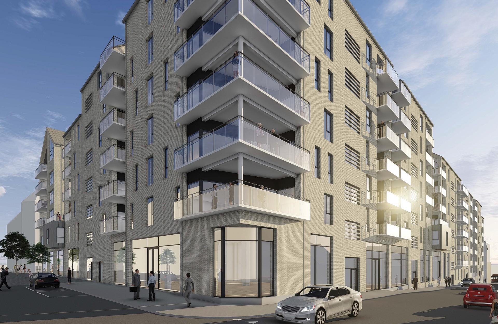 Den 1. marts starter byggeriet af et nyt spændende boligområde på en meget central placering i Esbjerg. Visualisering: Arkitektfirmaet Rudolf Lolk A/S.