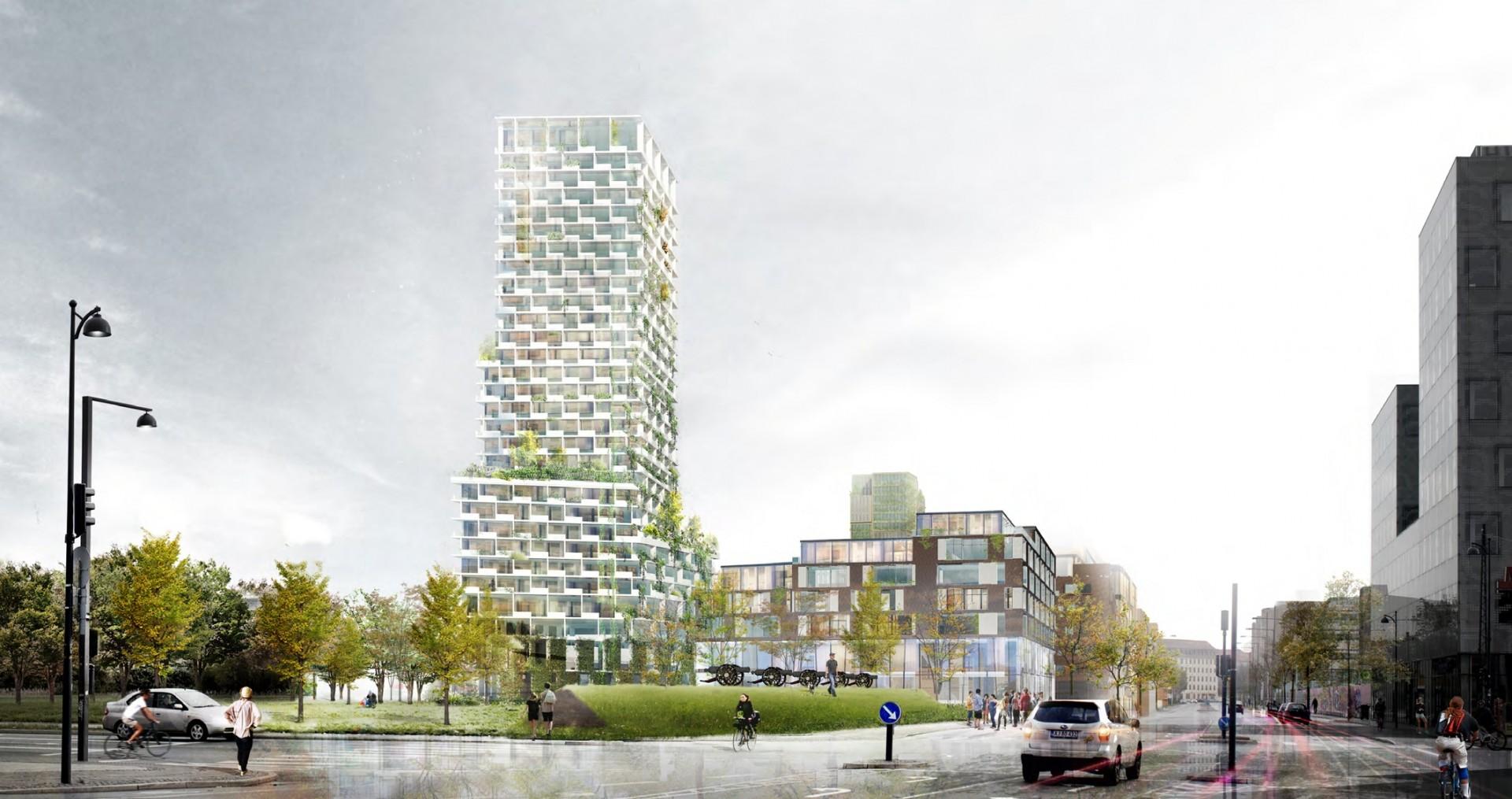 Arkitema tegner det ene af de to planlagte højhuse, mens det andet tegnes af Entasis. Illustration: Arkitema/Tredje Natur.
