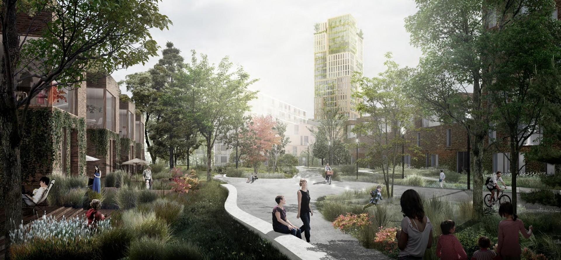 Visionen i masterplanen bag lokalplanen er at skabe et attraktivt, tæt og grønt blandet byområde med en bebyggelse, som er en nyfortolkning af den klassiske københavnske karré samt to signaturhøjhuse. Illustration: Arkitema/Tredje Natur/Entasis.