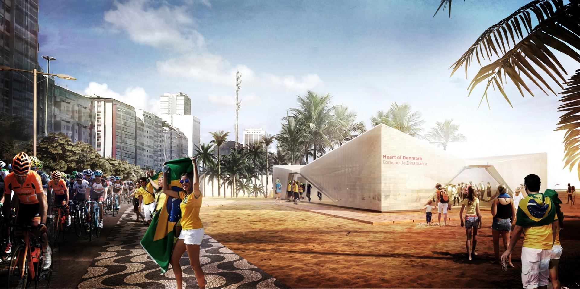 Når OL til sommer afholdes i Rio de Janeiro, skal en 300 kvm. stor pavillon på den verdensberømte Ipanema-strand promovere Danmark. Visualisering: Henning Larsen Architects.