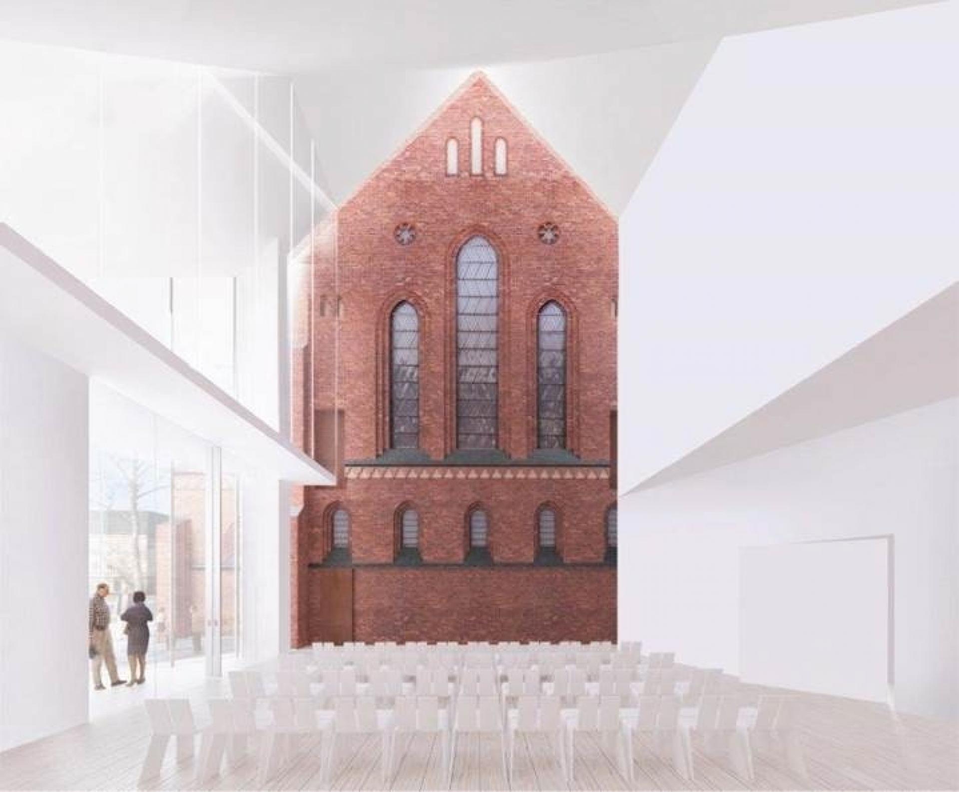 Facaden af den eksisterende kirke fra 1800-tallet bliver en indvendig væg i den moderne tilbygning. Illustration: BIG.