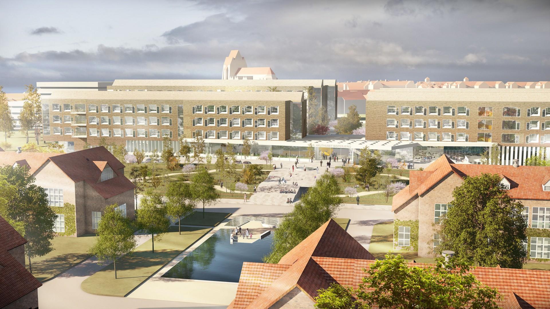 Akuthuset på Nyt Hospital og Ny Psykiatri Bispebjerg kommer til at ligge i den nordlige del af hospitalsområdet op mod Tuborgvej. Illustration KHR arkitekter.