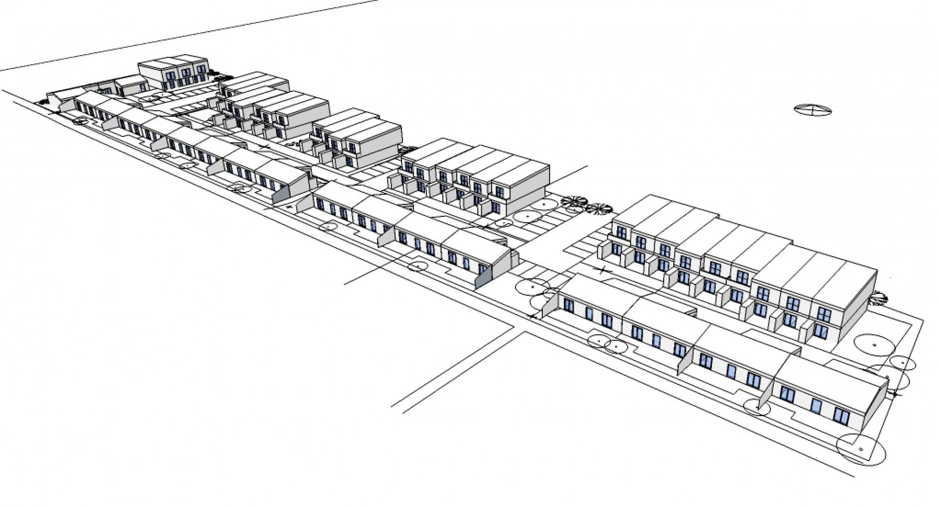 De første 25 boliger i projektet forventes at stå klar til indflytning i slutningen af 2017. Skitse fra MT Højgaards projekt.