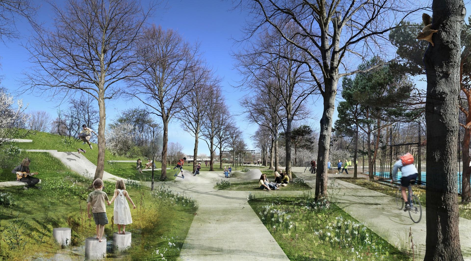 Med fornyelsen giver parken mulighed for både stille aktiviteter og vild leg: fra slentretur gennem frugtlunden til skateboarding og cykling.