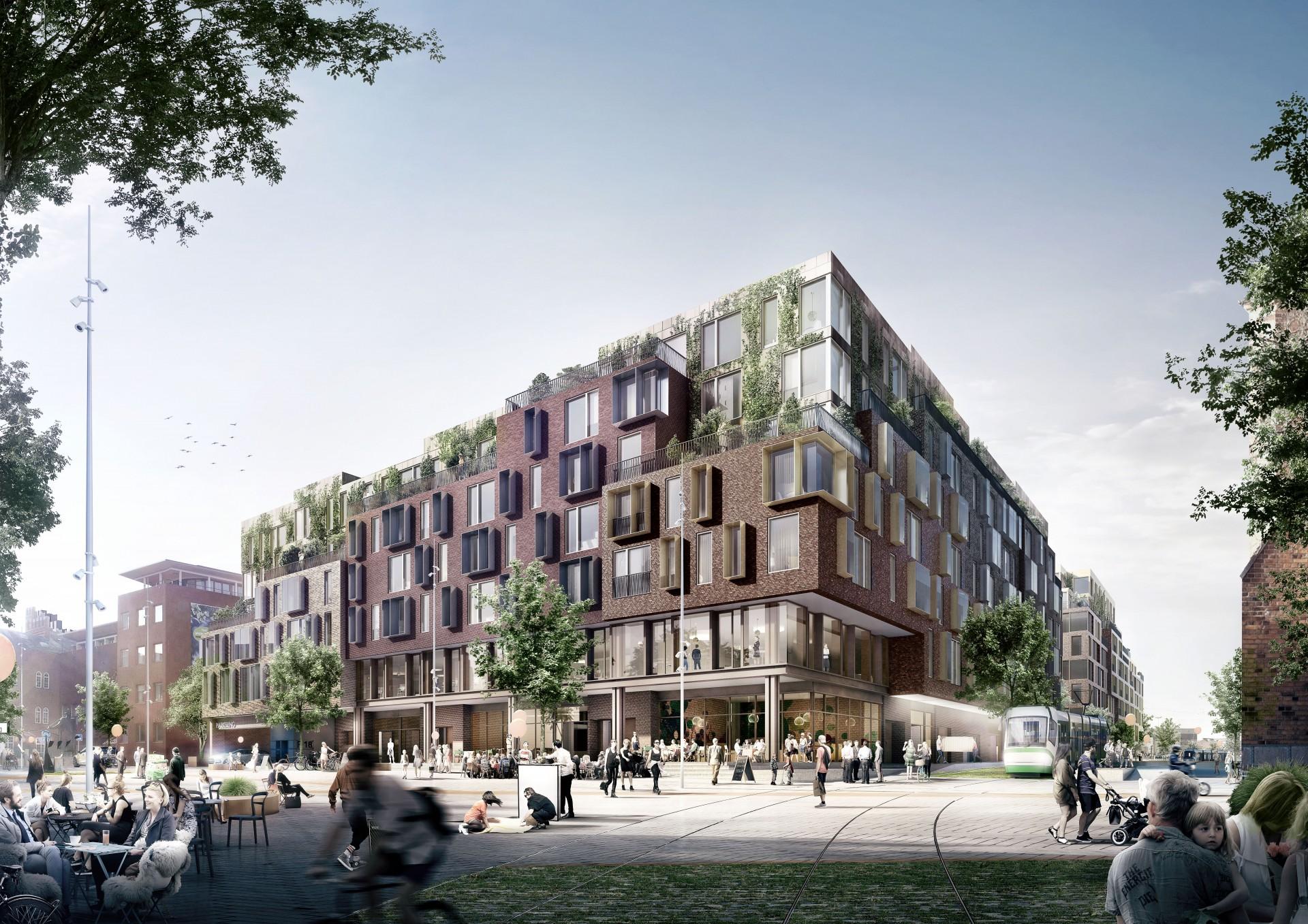 Salget af byggefelterne indbringer partnerskabet bag Fra Gade til By-projektet cirka 115 millioner kroner, hvilket er cirka 10 procent over den udbudte mindstepris. Visualisering: Arkitema Architects.