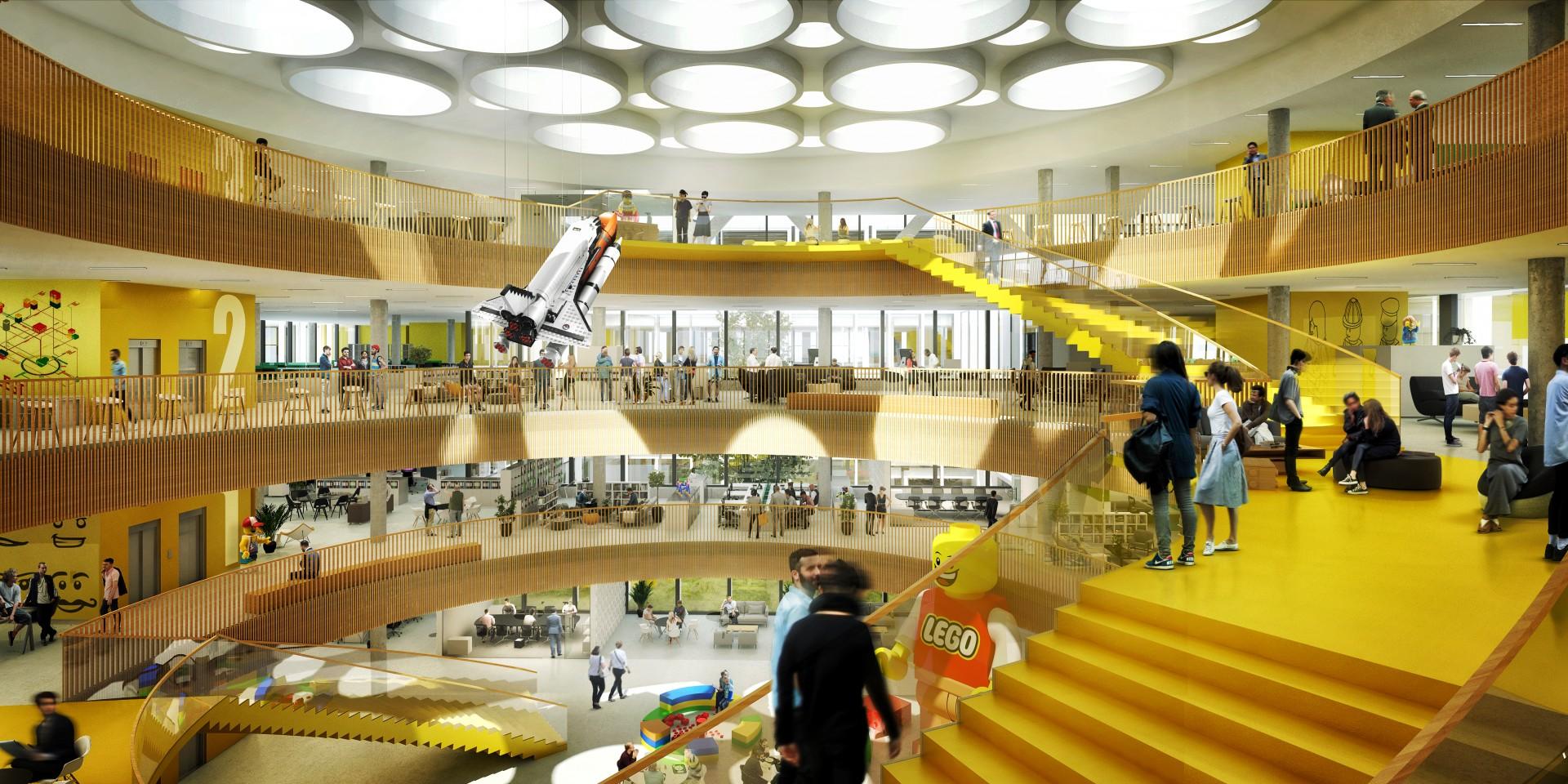 Lyse, fleksible kontorer er samlet omkring et atrium, mens stueetagen udgør et sammenhængende Lego People House med plads til sociale og fysiske aktiviteter omkranset af en ny offentlig park. Illustration: C.F. Møller.