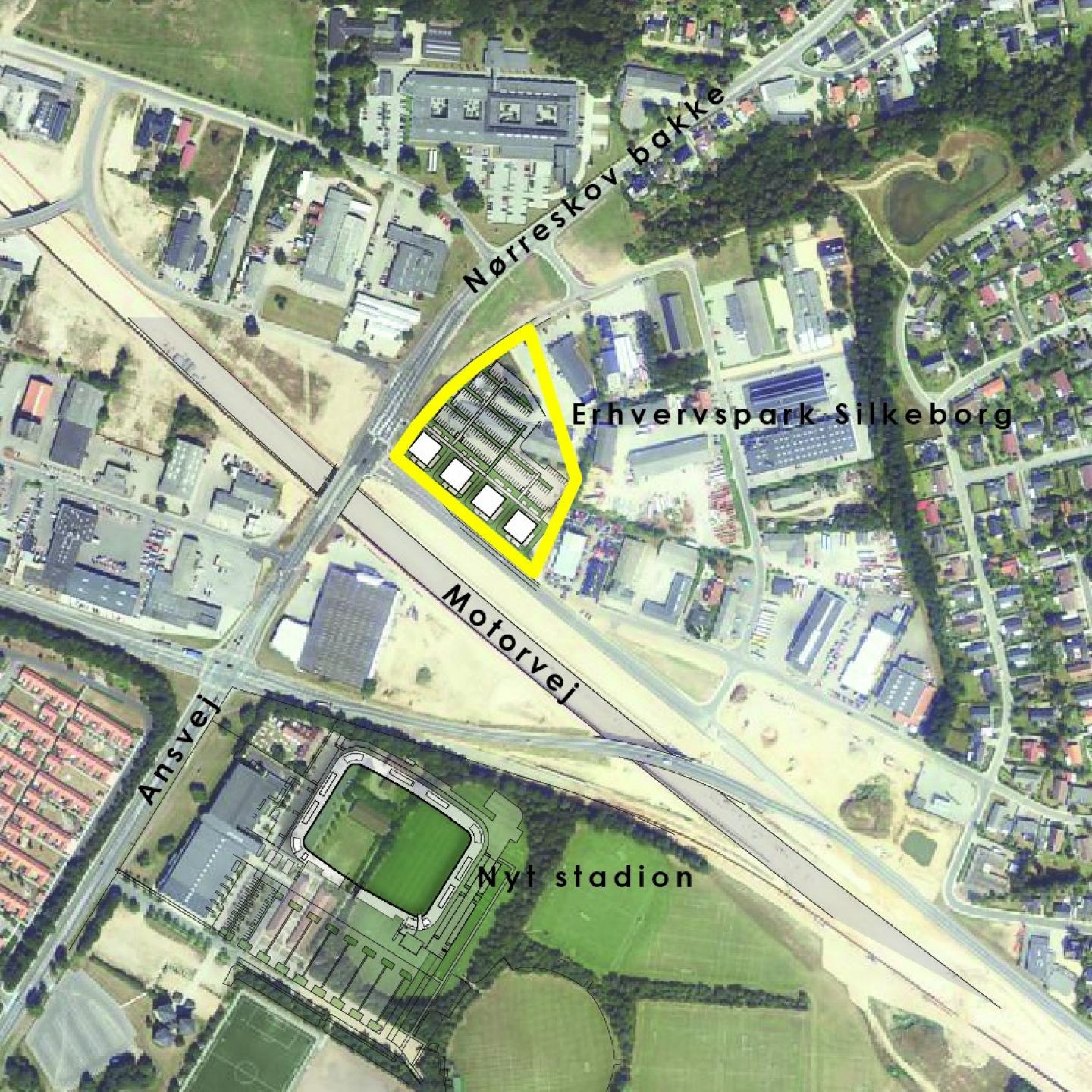 Erhvervspark Silkeborg opføres på hjørnet af Nørreskov Bakke og den kommende motorvej. Visualisering: Dimension Design for LABAN Arkitekter.