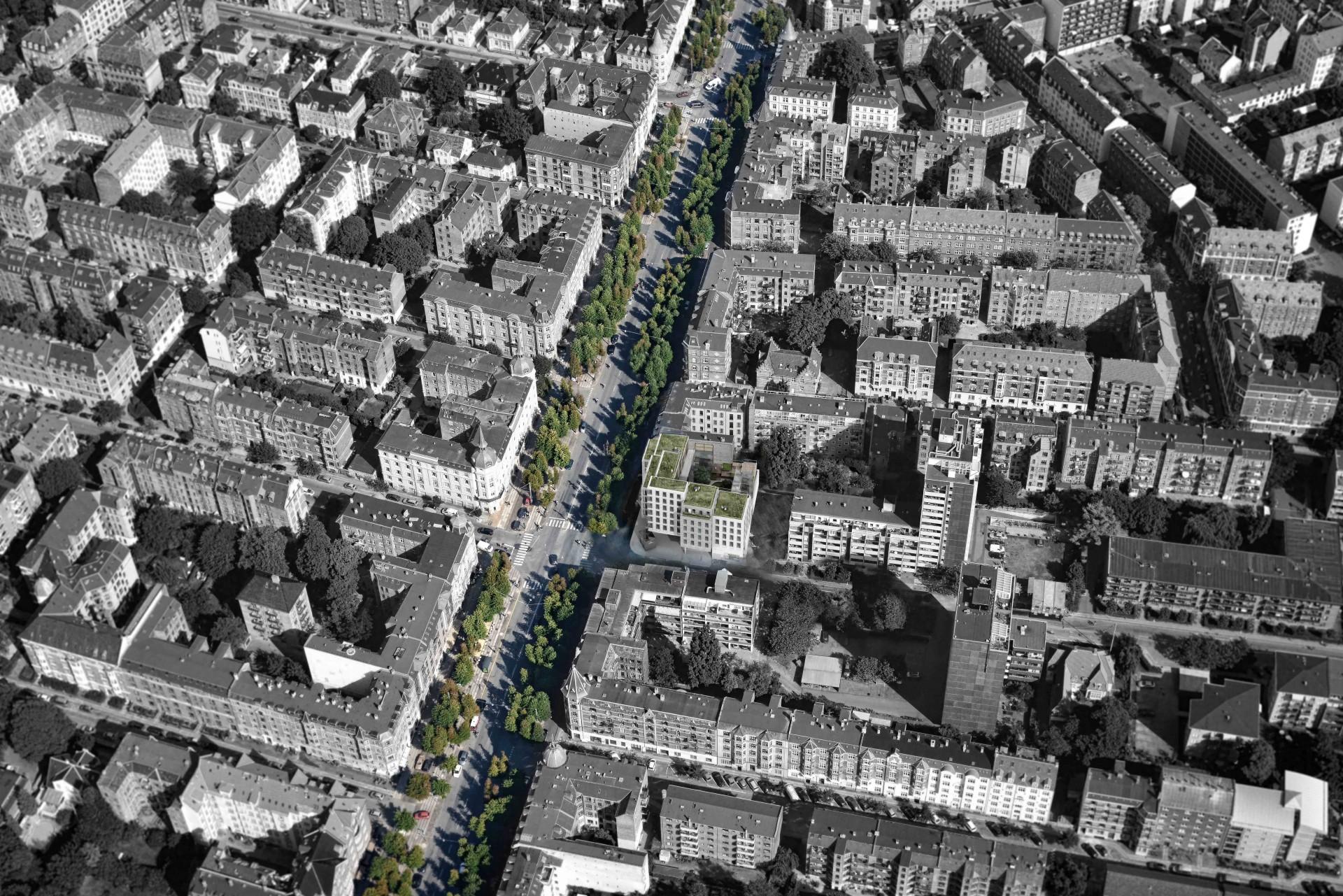 Byggeriet føjer sig naturligt ind i arkitekturen på Frederiksberg Allé. Hjørnebygningen udformes som et tårn og tagene begrønnes.