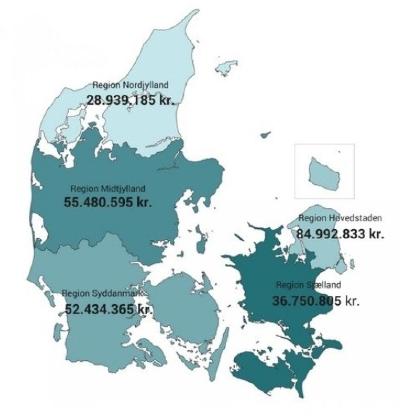 Oversigt over det samlede besparelsespotentiale ved udskiftning til LED-belysning i små og mellemstore forrretninger - fordelt på regioner. Kilde: Energistyrelsen.