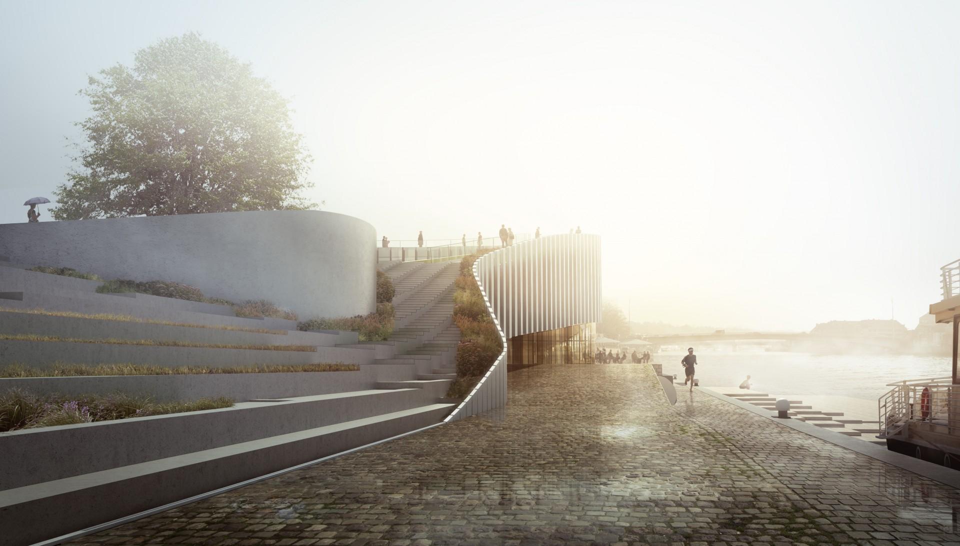 Hele facaden ud til floden er åben ud mod vandet. Visualisering: 3XN.