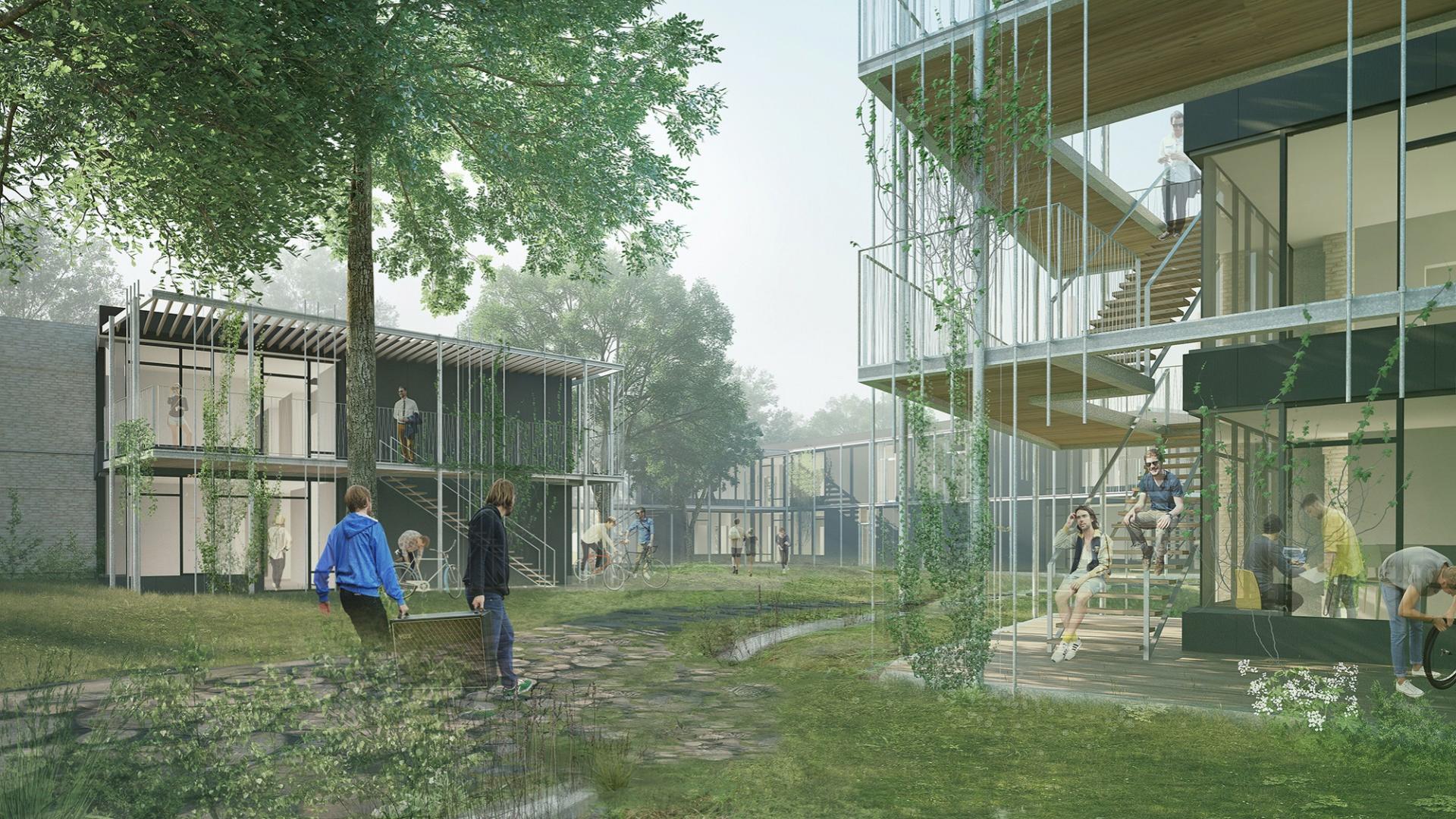 JJW Arkitekter står også bag 200 nye kollegieboliger på DTU. Der er blandt andet udarbejdet en træbevaringsstrategi og der anvendes genbrugstegl. Illustration: JJW Arkitekter.