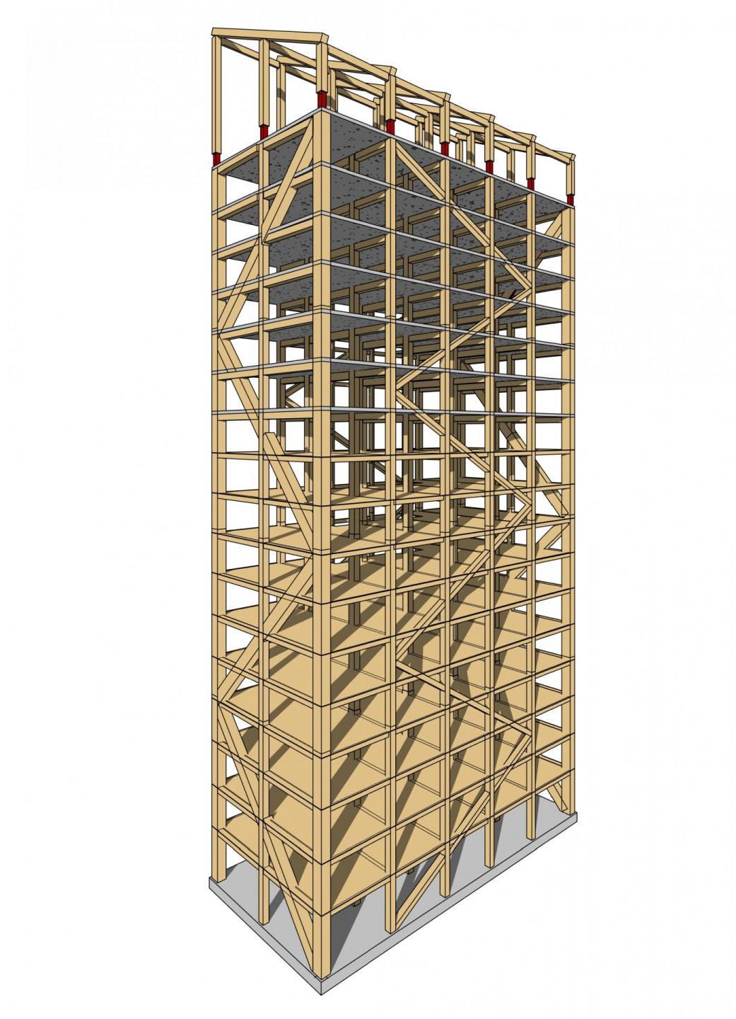 Mjøstårnet kommer til at bestå af limtræ i søjler, bjælker og diagonaler og massivt træ i elevator- og trappeskakter. Illustration: Sweco.