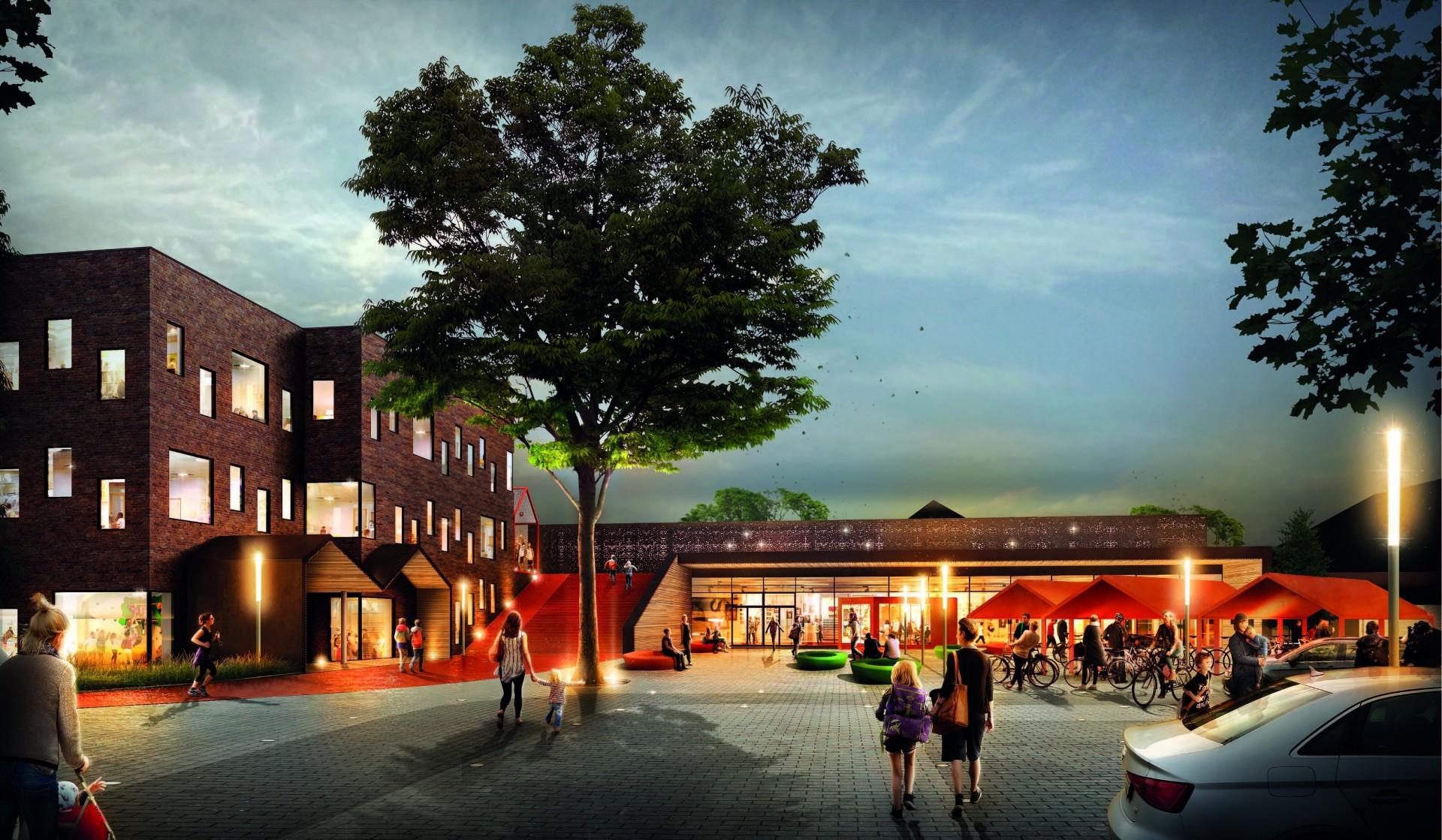 Lindbjergskolen bygges sammen med Hammerum Hallen, og samtidig vil et helt nyt bibliotek til lokalområdet blive en integreret del af byggeriet. Illustrationer: KPC/Årstiderne Arkitekter.
