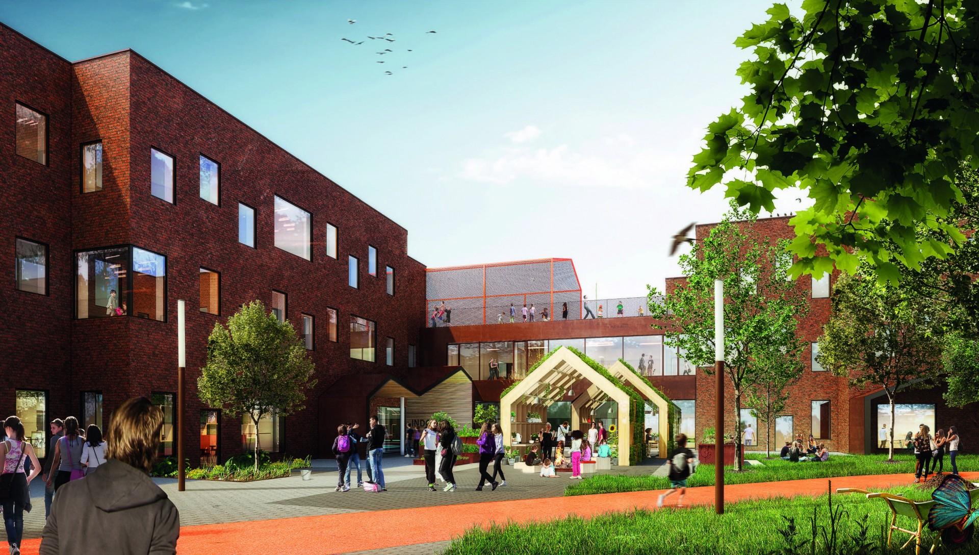 Første spadestik til Lindbjergskolen bliver taget i efteråret 2017. Skolen skal stå klar til at modtage cirka 1000 børn og 100 medarbejdere i starten af 2020. Illustrationer: KPC/Årstiderne Arkitekter.