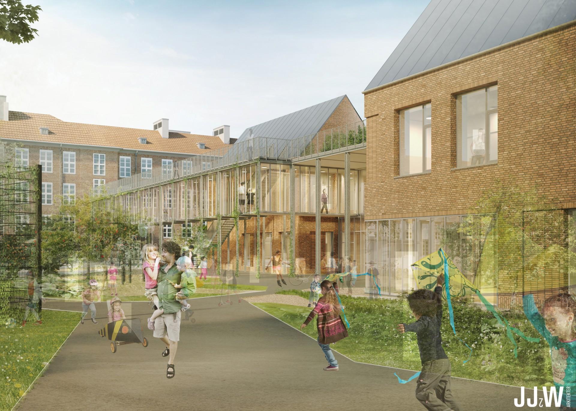 Skolen skal skabe et område, der føles trygt for skoleeleverne. Illustration: JJW Arkitekter.