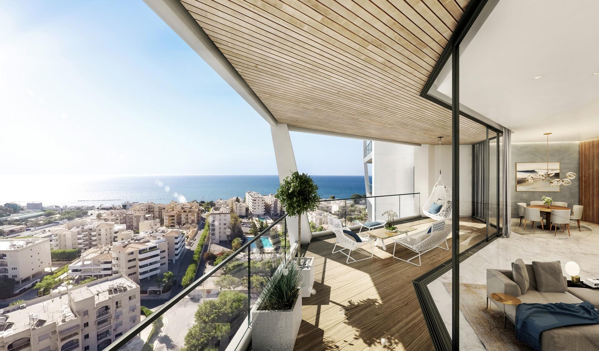 Det nye tårnhus er placeret i det østlige Limassol ? 285 meter fra vandet, og designfokus har været at sikre optimal udsigt over Middelhavet fra hver enkelt lejlighed. Illustration: Upton-Hansen Architects.