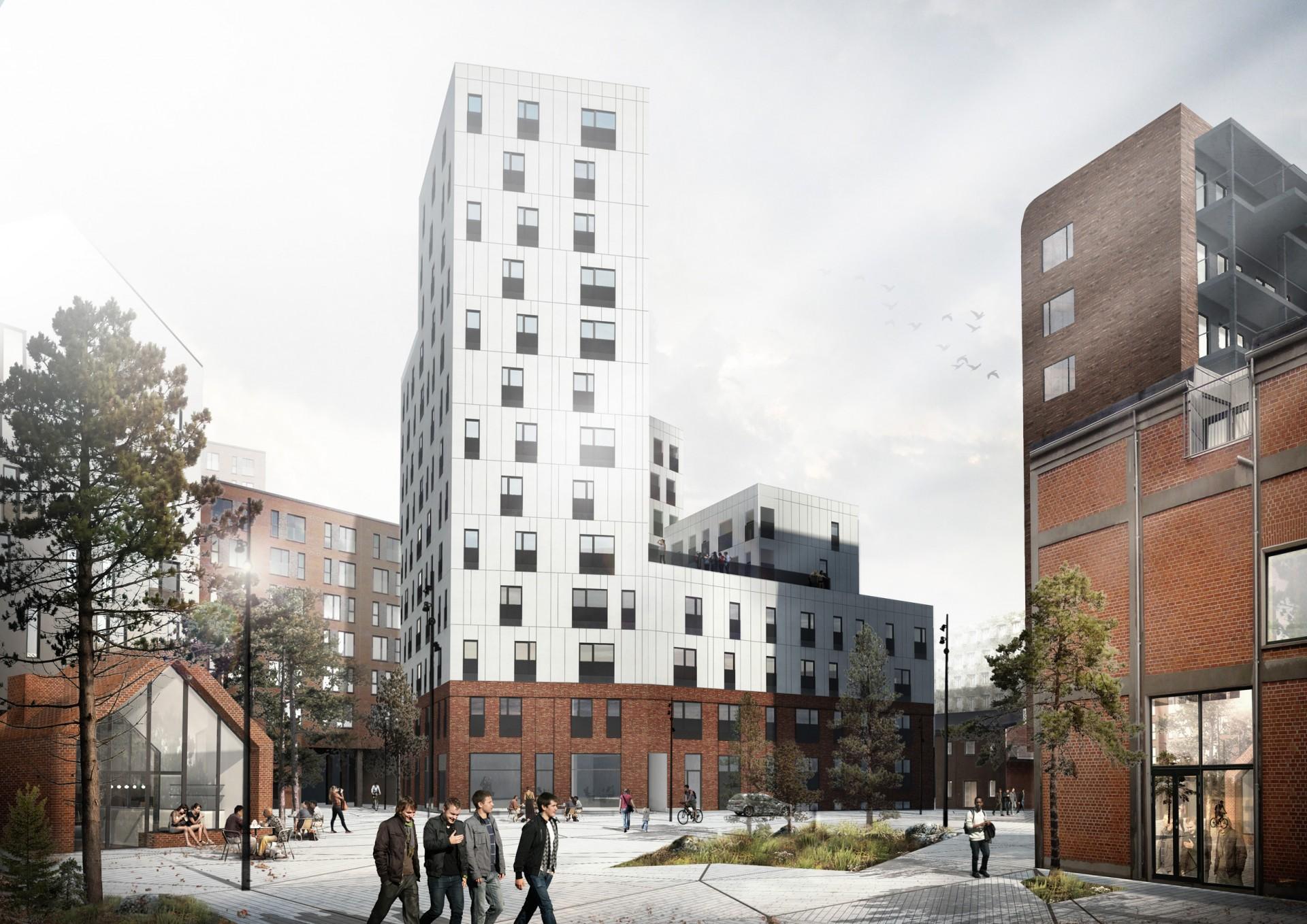 Den 13 etager store byggeri forventes færdigt i efteråret 2018. Visualisering: Sangberg.