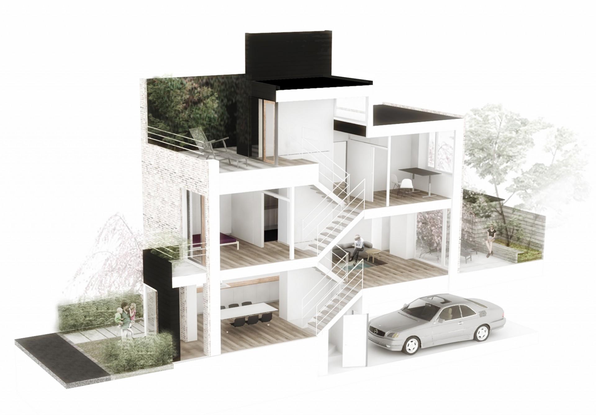 Forskudte planer giver dagslys og overblik mellem de 4-6 niveauer samt bilparkering direkte under boligerne. Illustration: Vandkunsten.