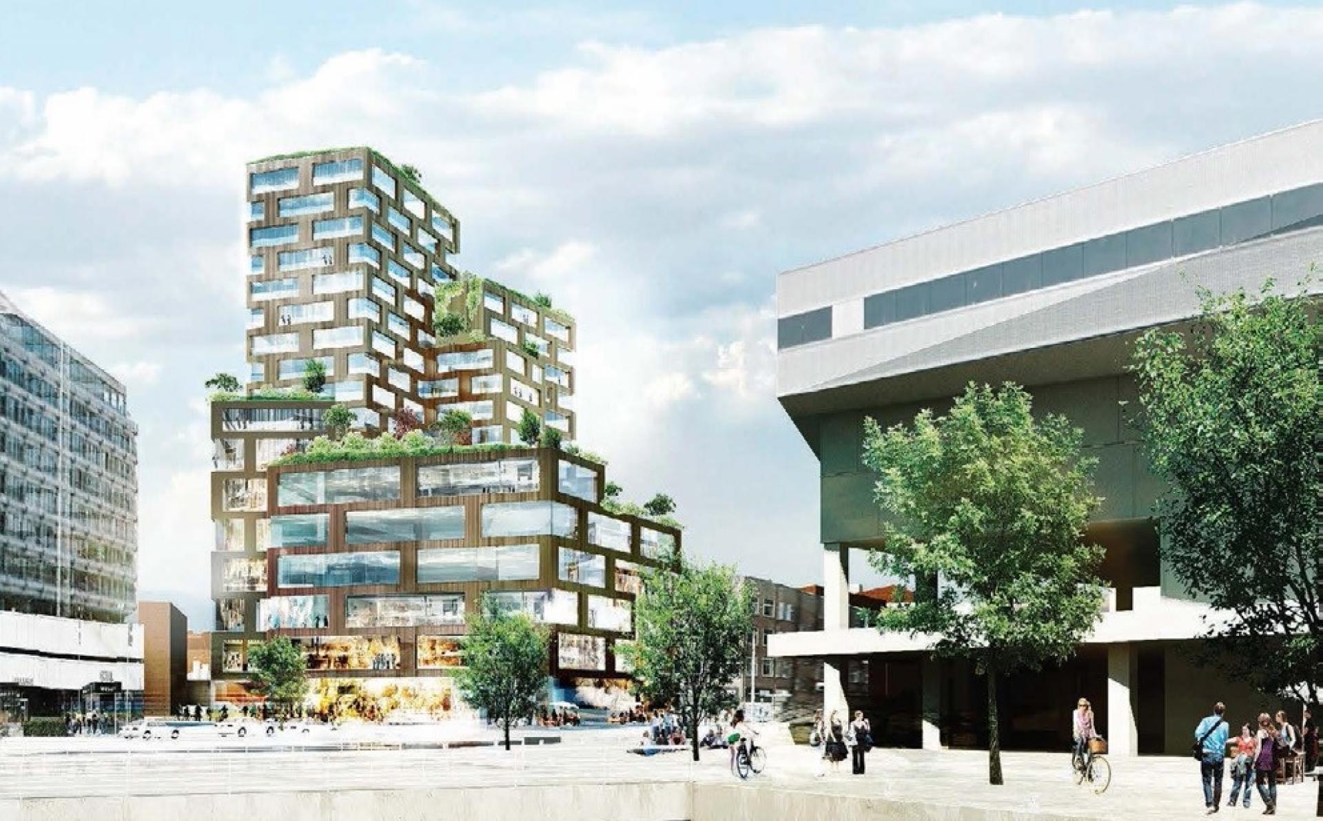 Det store projekt skulle opføres lige over for kæmpebyggeriet Dokk1, der ses til højre i billedet. Illustration fra høringsmaterialet.