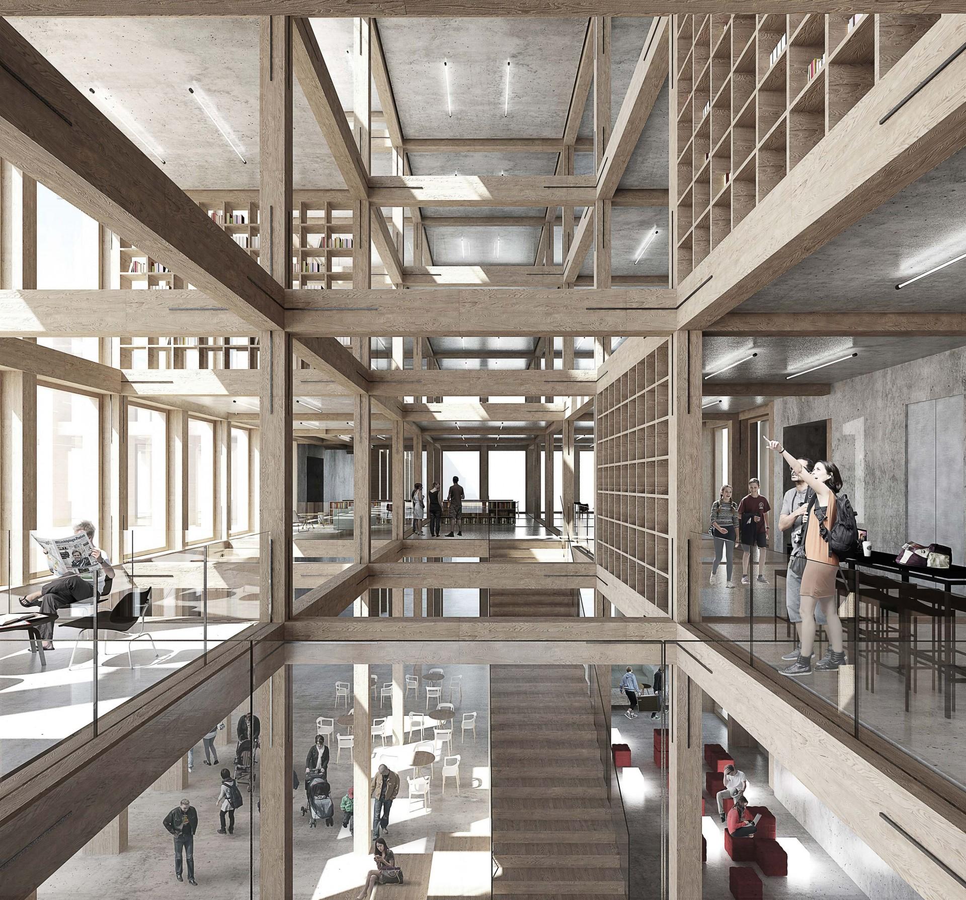 Kernen i bygningen bliver et træskelet i massivt træ med en ydre skal af glas. Visualisering: Arkitema Architects.