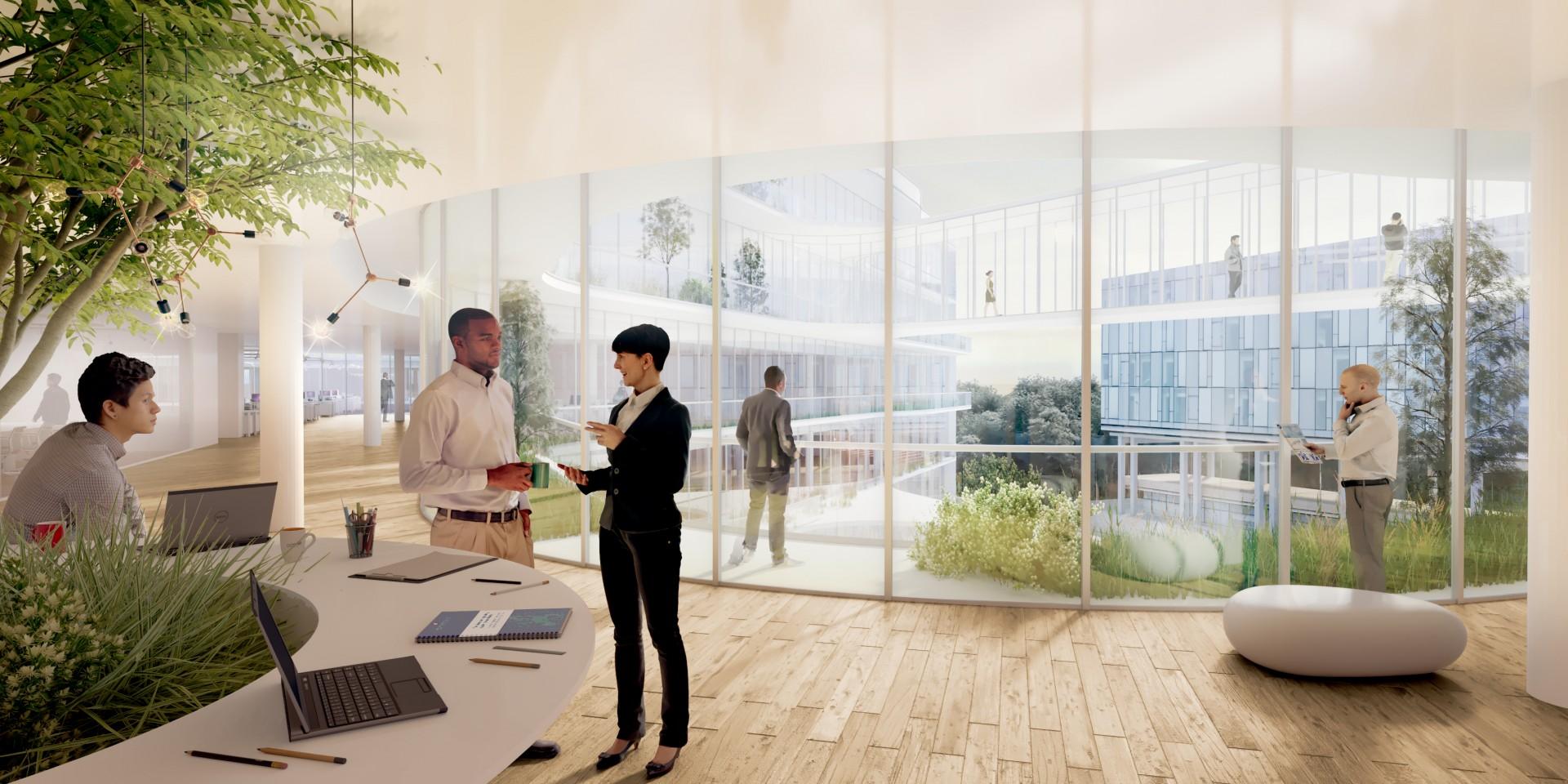 Bygningen hedder Biotopen, som stammer fra det græske ord for levested. Visualisering: Henning Larsen Architects.