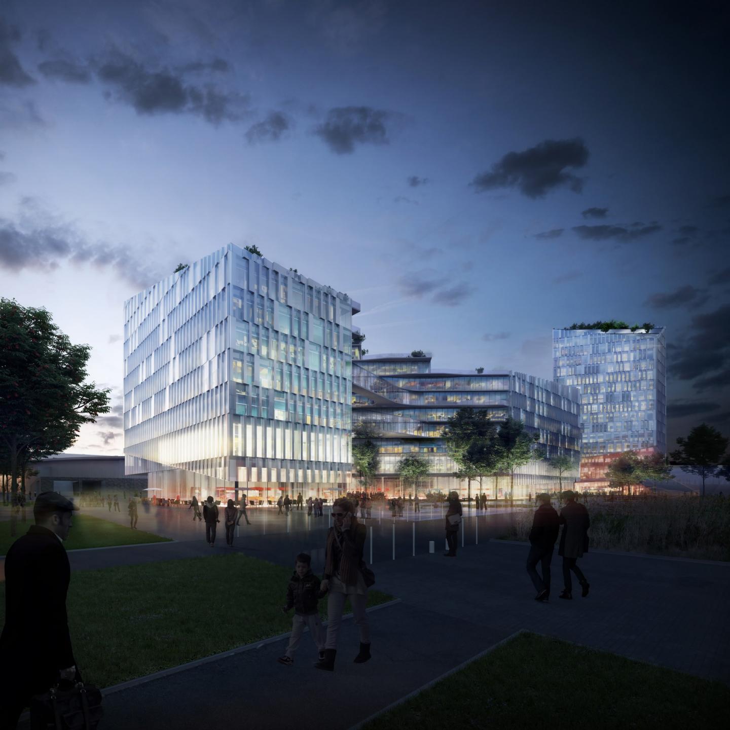 Bygningen bliver placeret mellem Grand Palais og et regionalt hovedsæde i Lille og kommer til at rumme et auditorium med plads til 300, mødefaciliteter, arbejdsstationer, afslapningsområder og en restaurant med panoramaudsigt. Visualisering: Henning Larsen Architects.