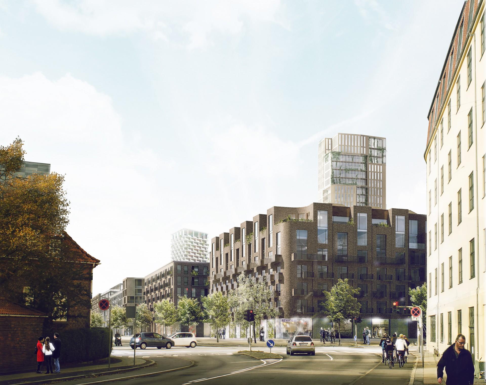 Projektet omfatter byggeri for 125.000 kvadratmeter ? projektværdi cirka 5 milliarder kroner.Visualisering: Arkitema og Tredje Natur.