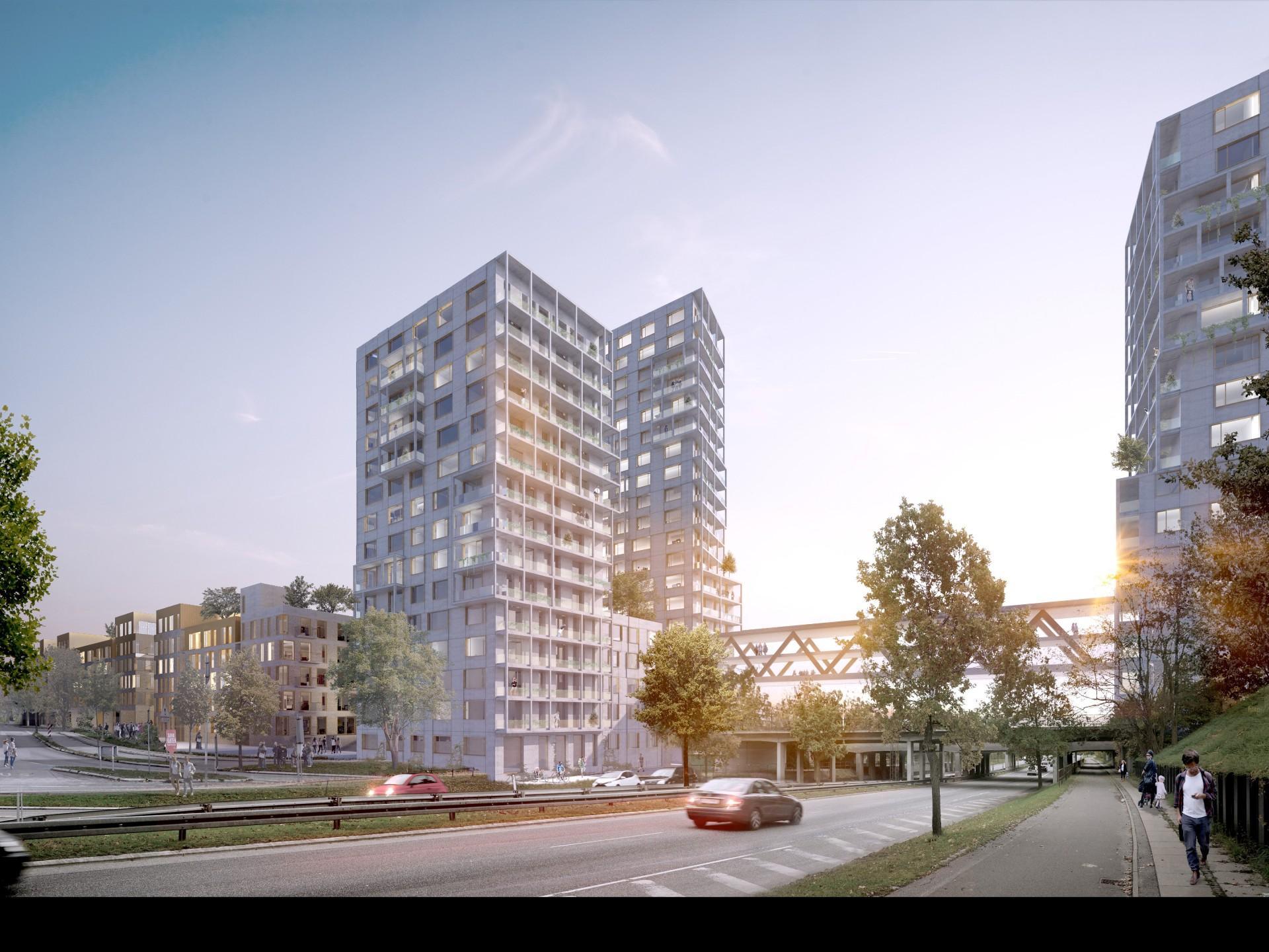 Byggeriet udgør samlet 37.500 etagemeter og består af tre højhuse på 14, 16 og 19 etager samt et gadestrøg med bolig og erhverv i varierende højde langs en midterakse. Visualisering: Arkitema Architects.