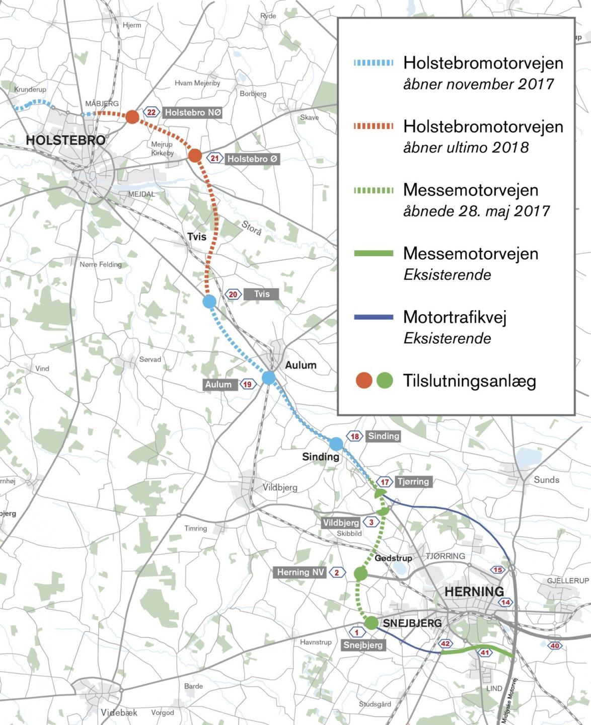 Strækningen mellem Tjørring og Tvis åbner i november 2017. Kort: Vejdirektoratet.