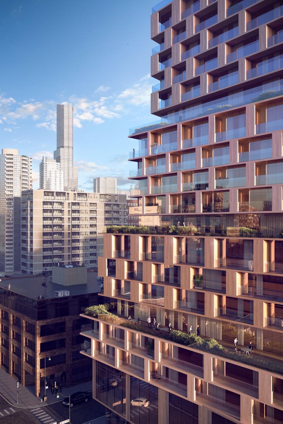 Bygningen får lejelejligheder, der alle får altan. Visualisering: 3XN arkitekter