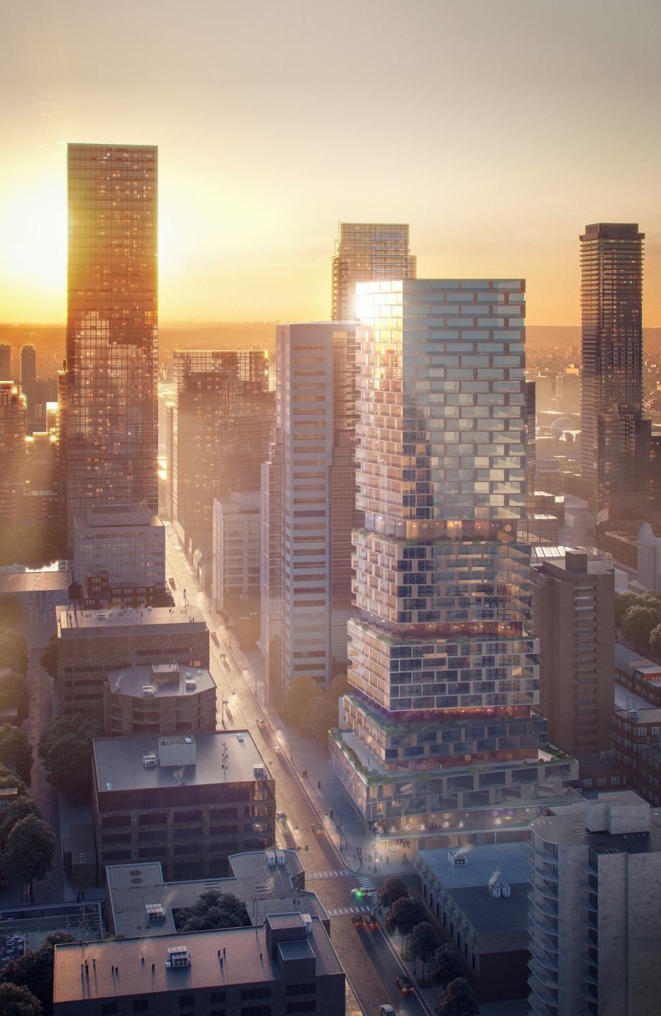 Vestvendt luftbillede af den nye bygning og Church Street. Visualisering: 3XN arkitekter