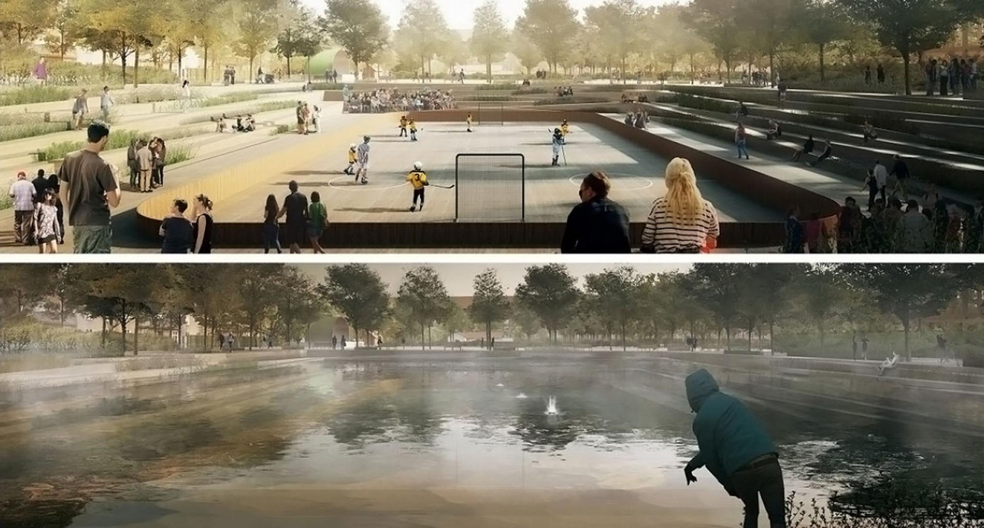 Skybrud? Intet problem. Sådan kan massive mængder vand håndteres fleksibelt i Enghaveparken i København ? fra boldplads det ene øjeblik til sø det næste. Visualisering: Tredje Natur.