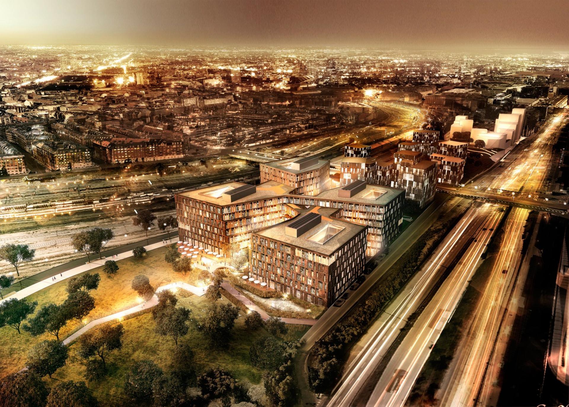 Ejendomskomplekset Nexus CPH bliver opført og drevet som et Offentligt-Privat-Partnerskab. Presseillustration.